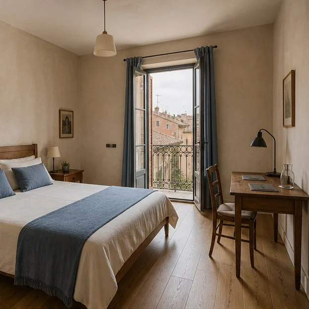 Letto, scrittoio e balcone della Camera Balcone
