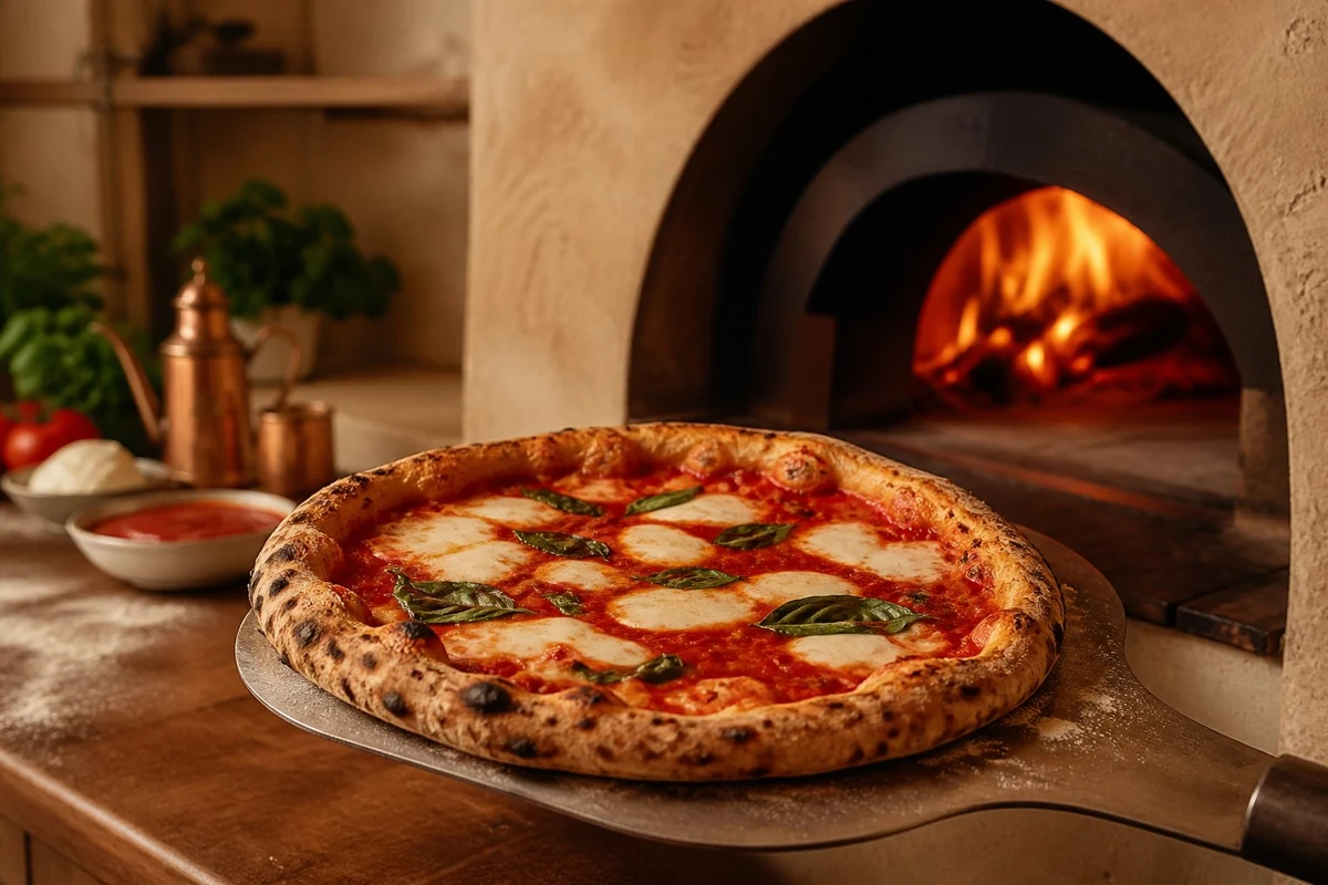 Pizza appena sfornata davanti al forno a legna