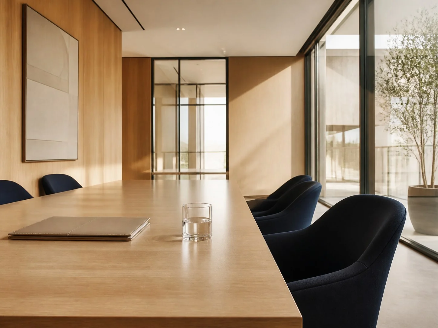 Sala riunioni luminosa in vetro e legno di uno studio legale contemporaneo