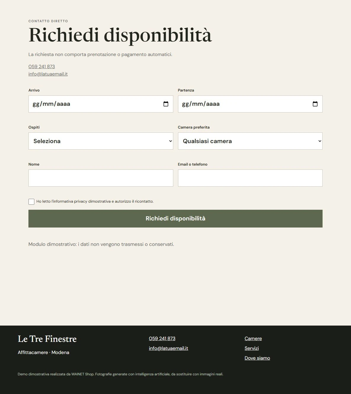 Sito Web professionale Le Tre Finestre: modulo di richiesta disponibilità
