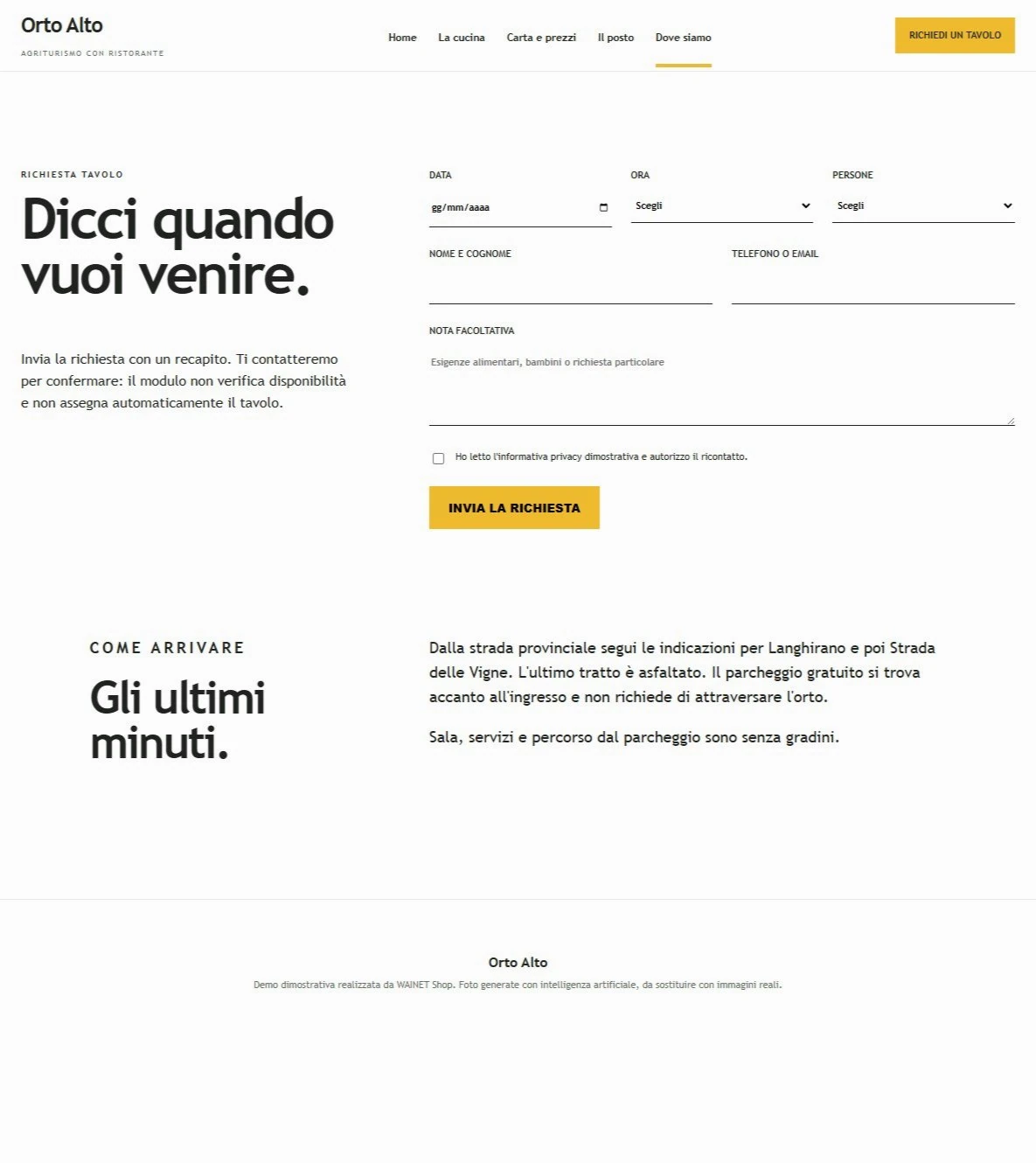 Sito Web professionale per ristoranti Orto Alto: modulo di richiesta di un tavolo