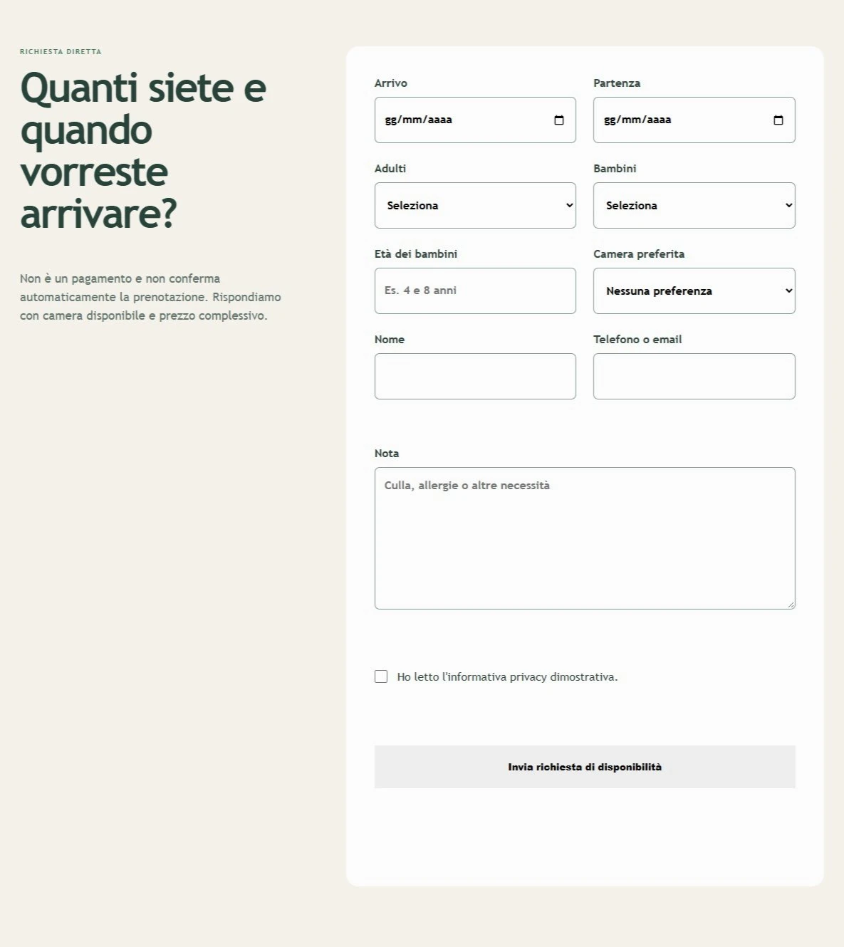 Sito Web professionale Aia Chiara: modulo di richiesta disponibilità