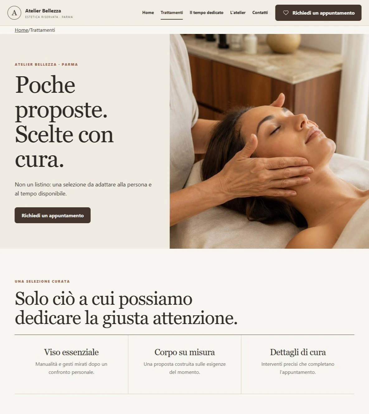 Sito Web professionale Atelier Bellezza: trattamenti e servizi