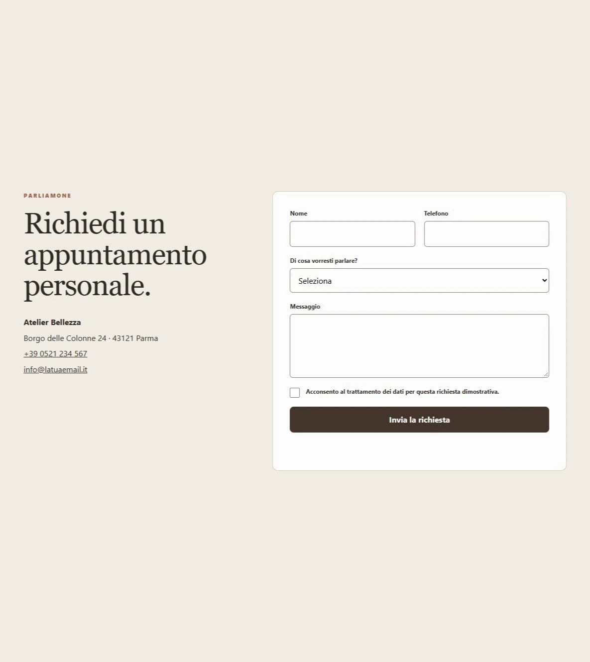 Sito Web professionale Atelier Bellezza: modulo di richiesta appuntamento