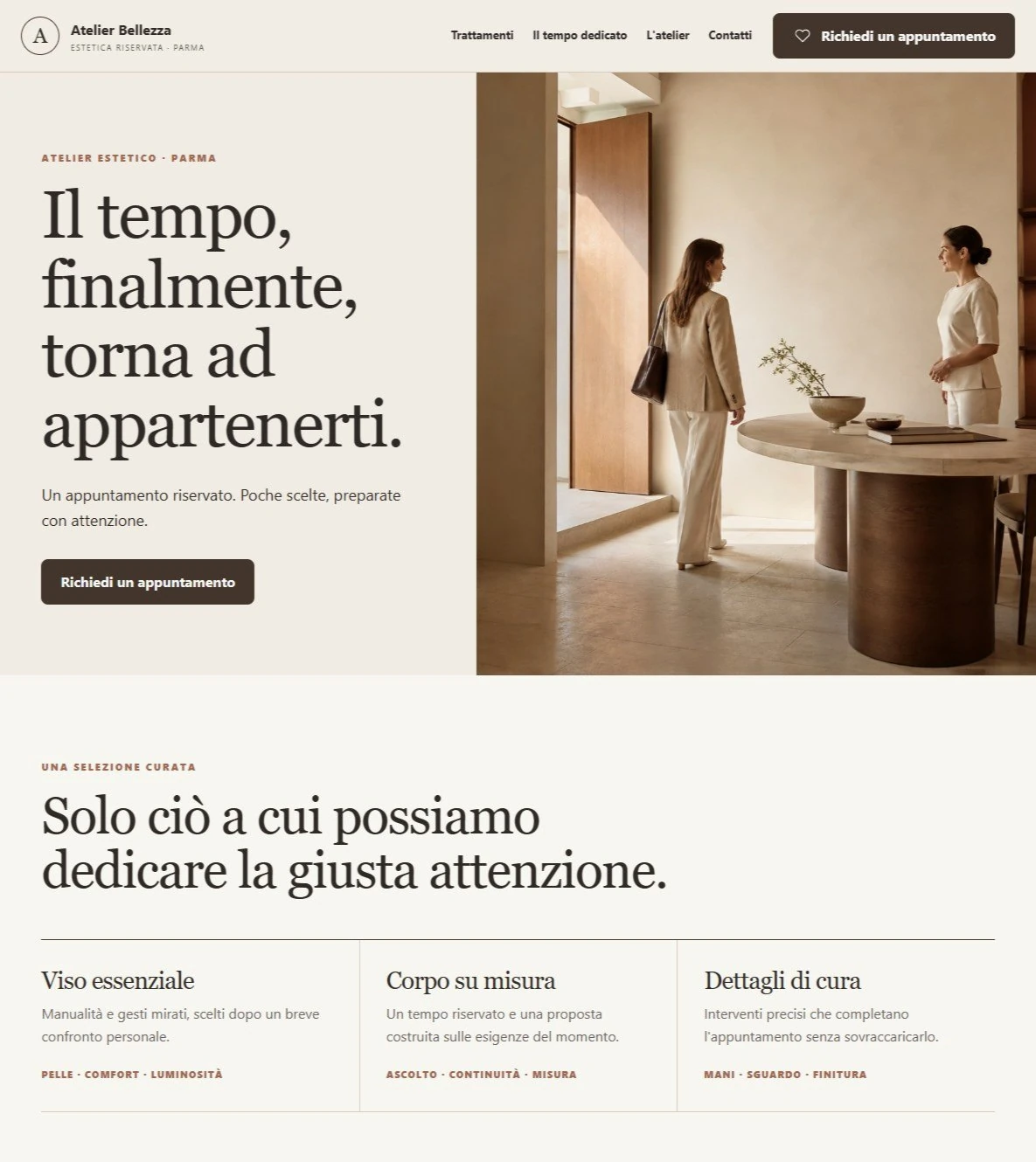 Sito Web professionale Atelier Bellezza: homepage e presentazione del centro