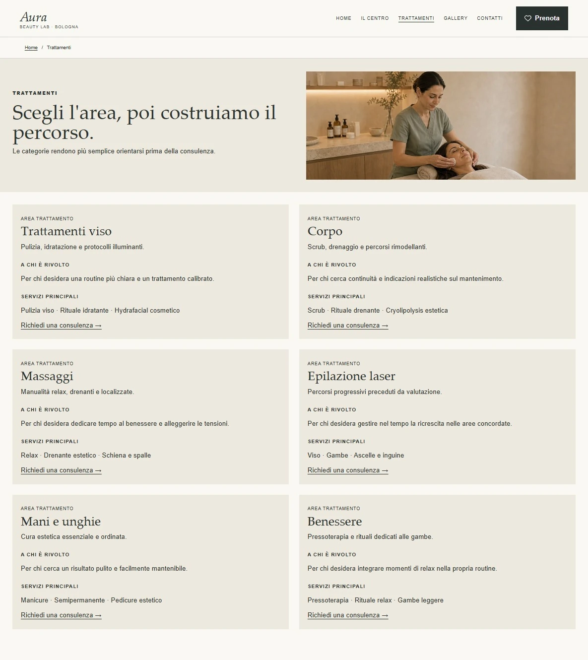 Sito Web professionale Aura Studio: trattamenti e servizi