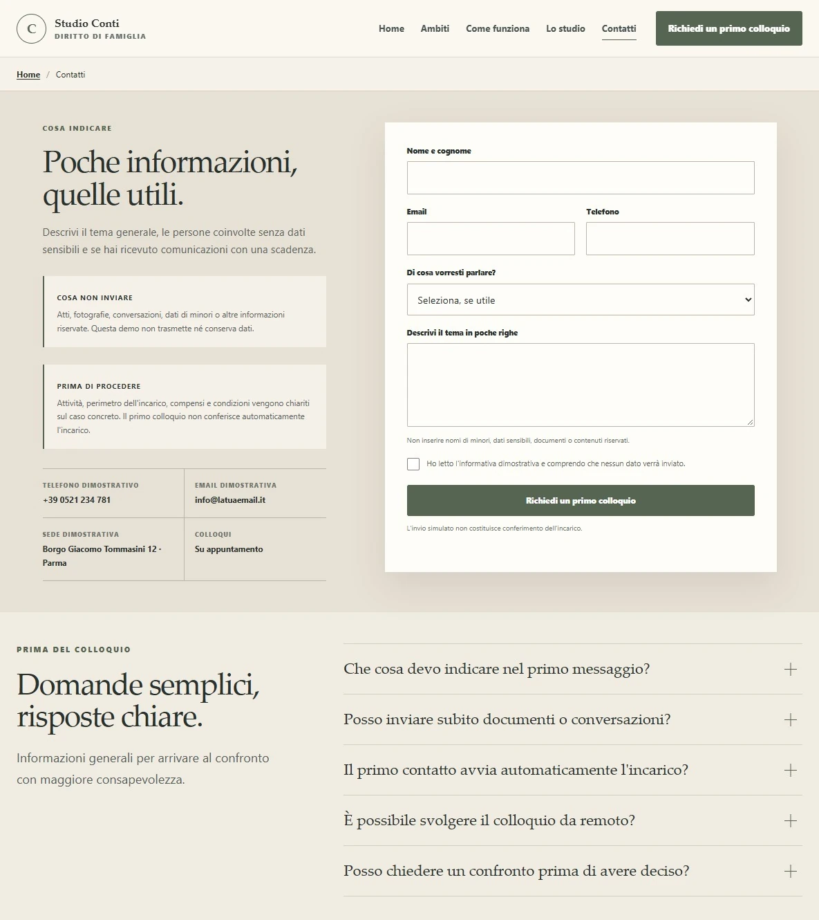 Sito Web professionale Diritto di Famiglia: modulo di primo contatto
