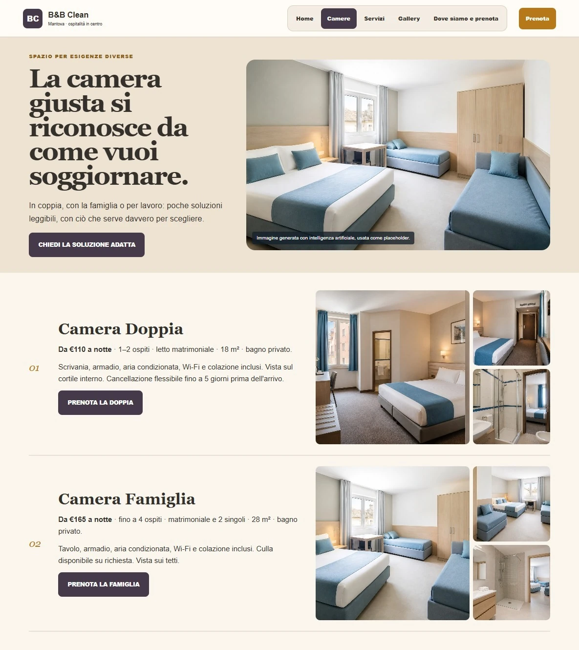 Sito Web professionale B&B Clean: ambienti e soluzioni di soggiorno