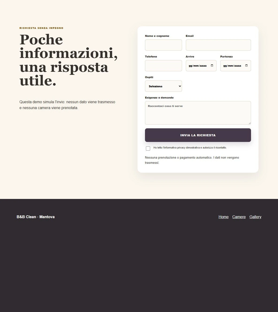 Sito Web professionale B&B Clean: modulo di richiesta disponibilità
