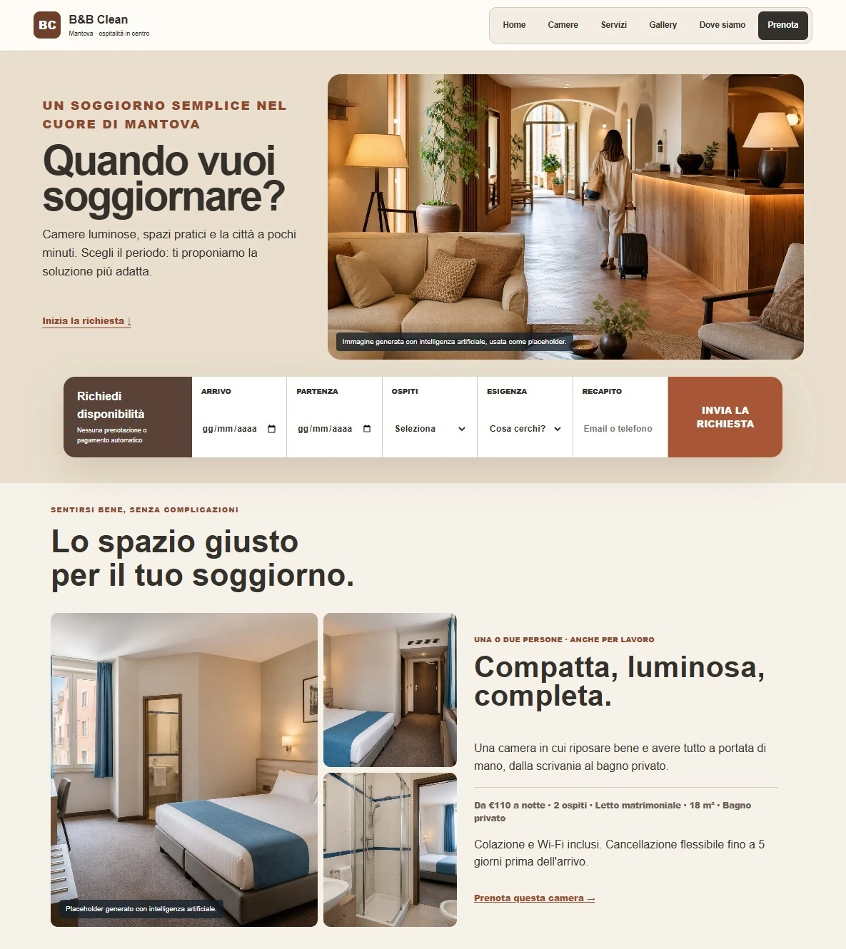 Sito Web professionale B&B Clean: homepage e presentazione della struttura