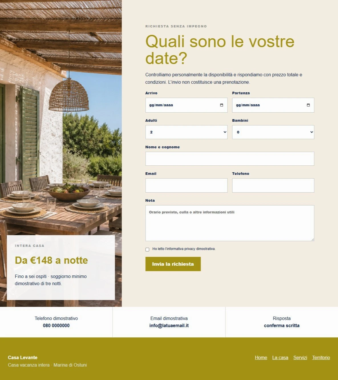 Sito Web professionale Casa Levante: modulo di richiesta disponibilità
