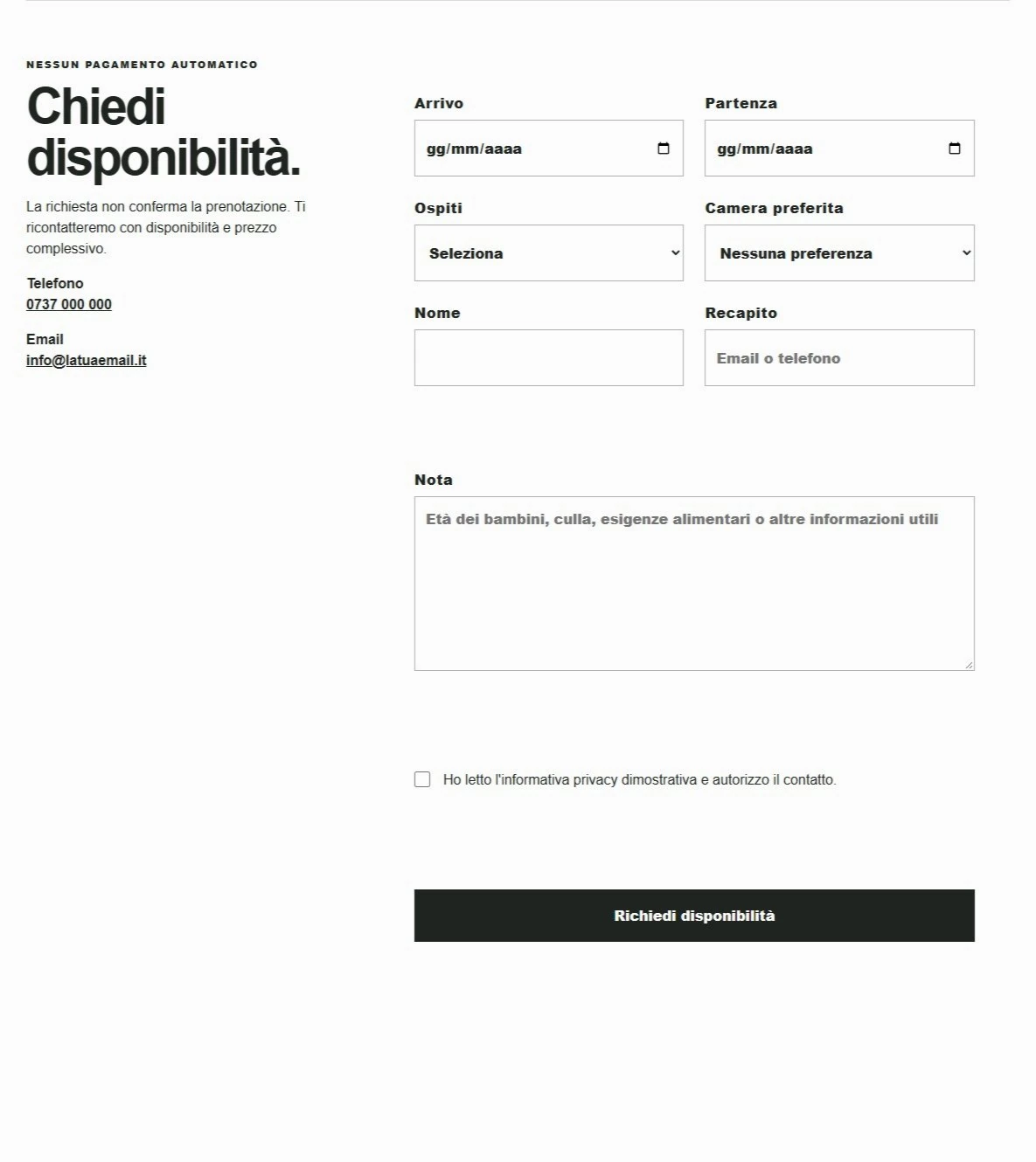 Sito Web professionale Casa Lieve: modulo di richiesta disponibilità