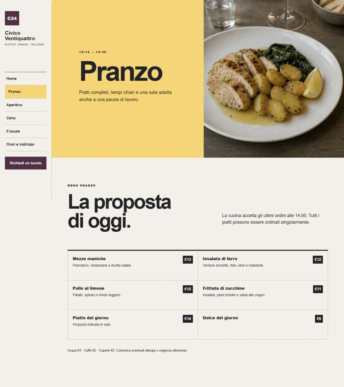 Sito Web professionale per ristoranti Civico Ventiquattro: pagina del menu pranzo