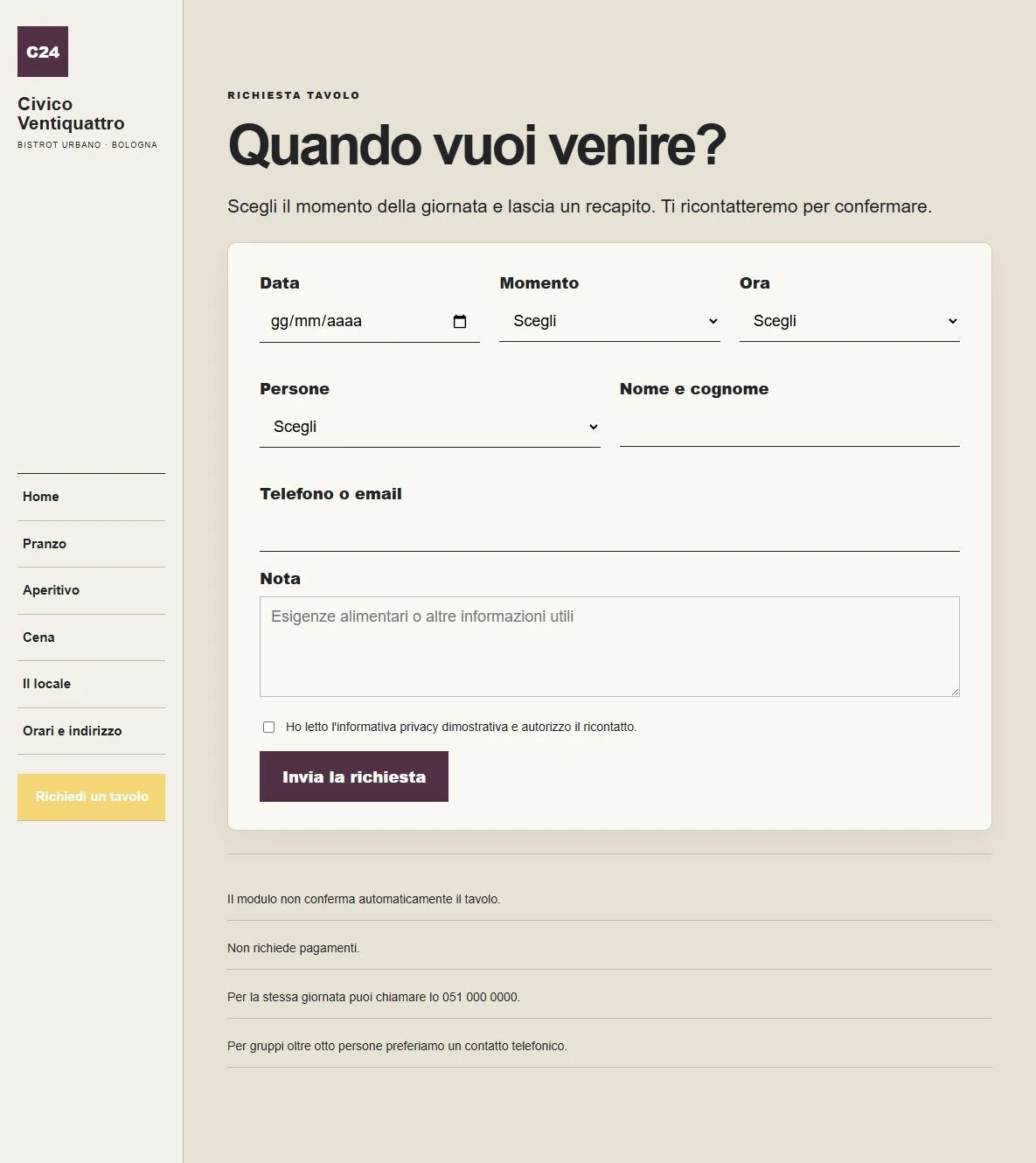 Sito Web professionale per ristoranti Civico Ventiquattro: modulo di richiesta tavolo
