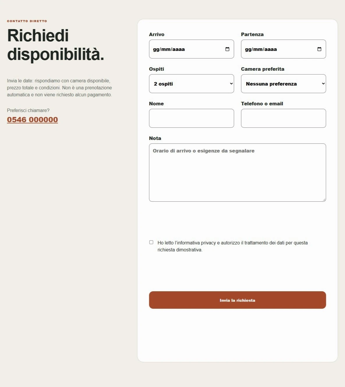 Sito Web professionale Da Lina: modulo di richiesta disponibilità
