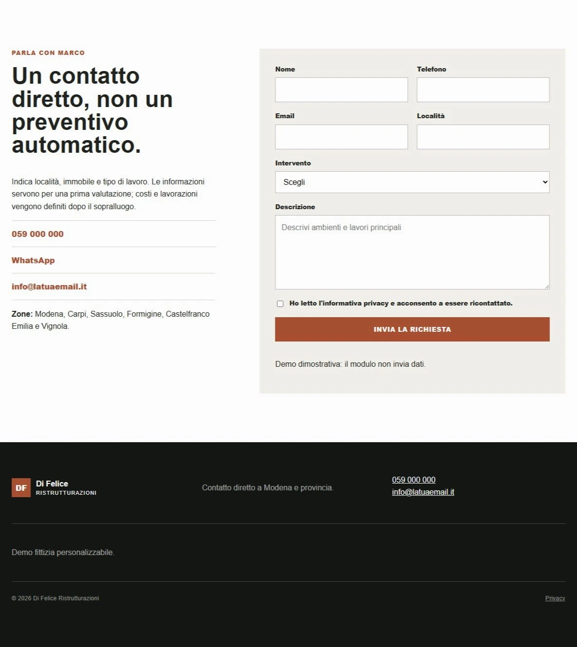 Sito Web professionale Di Felice Ristrutturazioni: modulo di richiesta di contatto