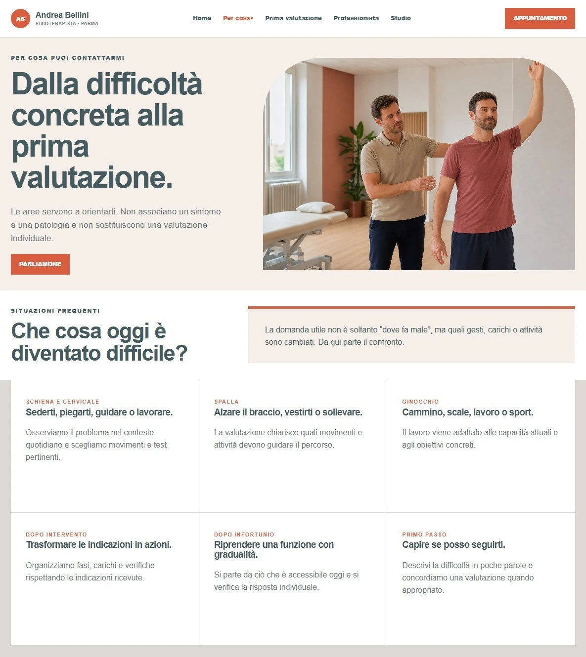 Sito Web professionale per fisioterapista Clean: percorso e prima valutazione