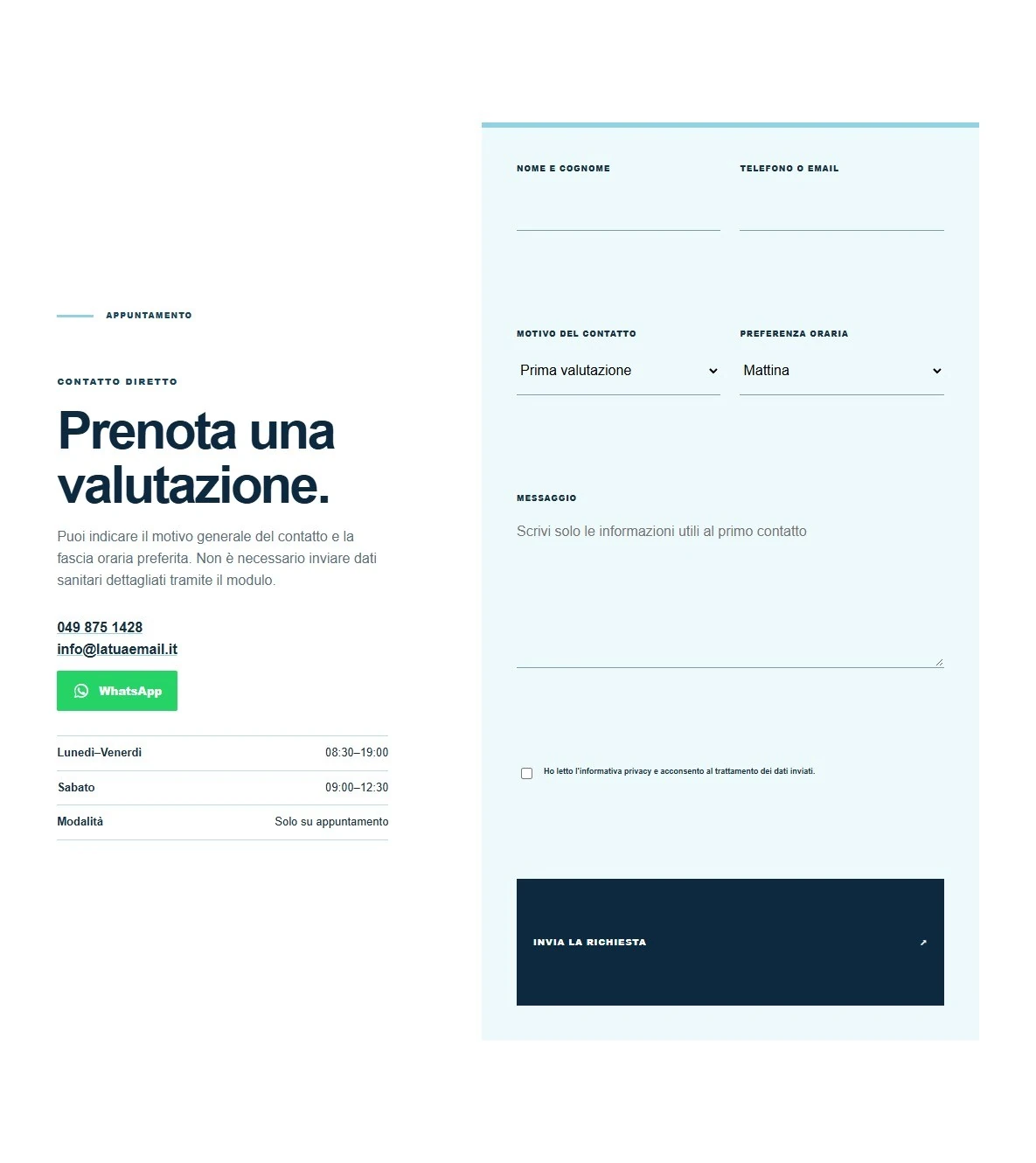Sito Web professionale per fisioterapista Elegante: sezione contatti e modulo