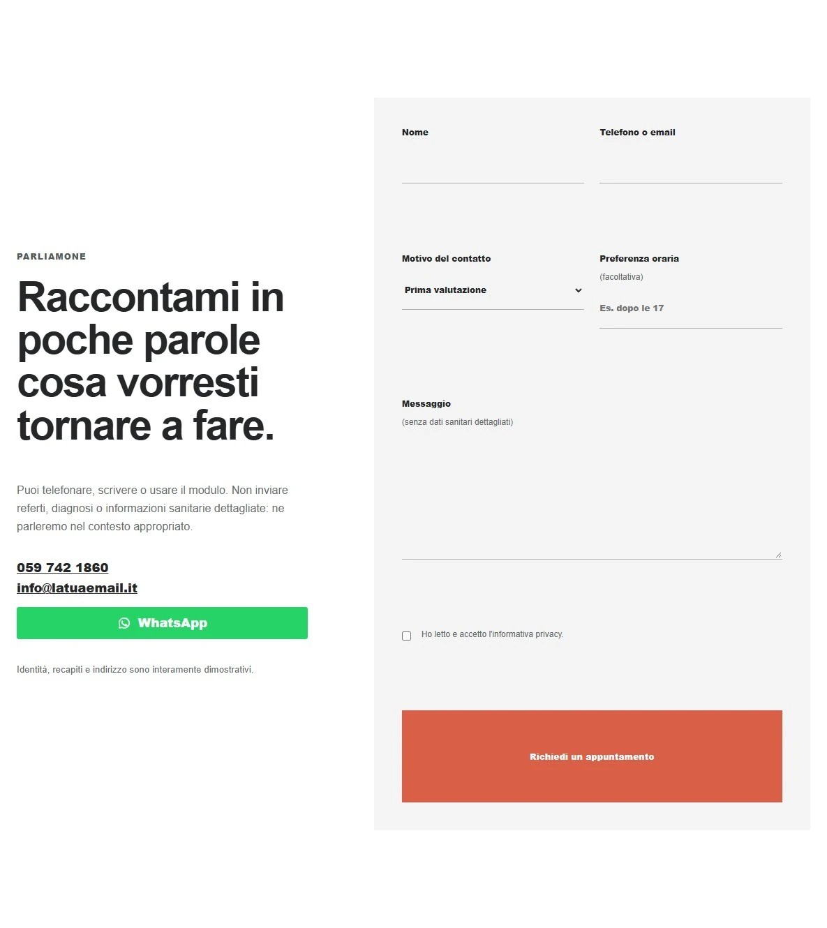 Sito Web professionale per fisioterapista Minimal: sezione contatti e modulo