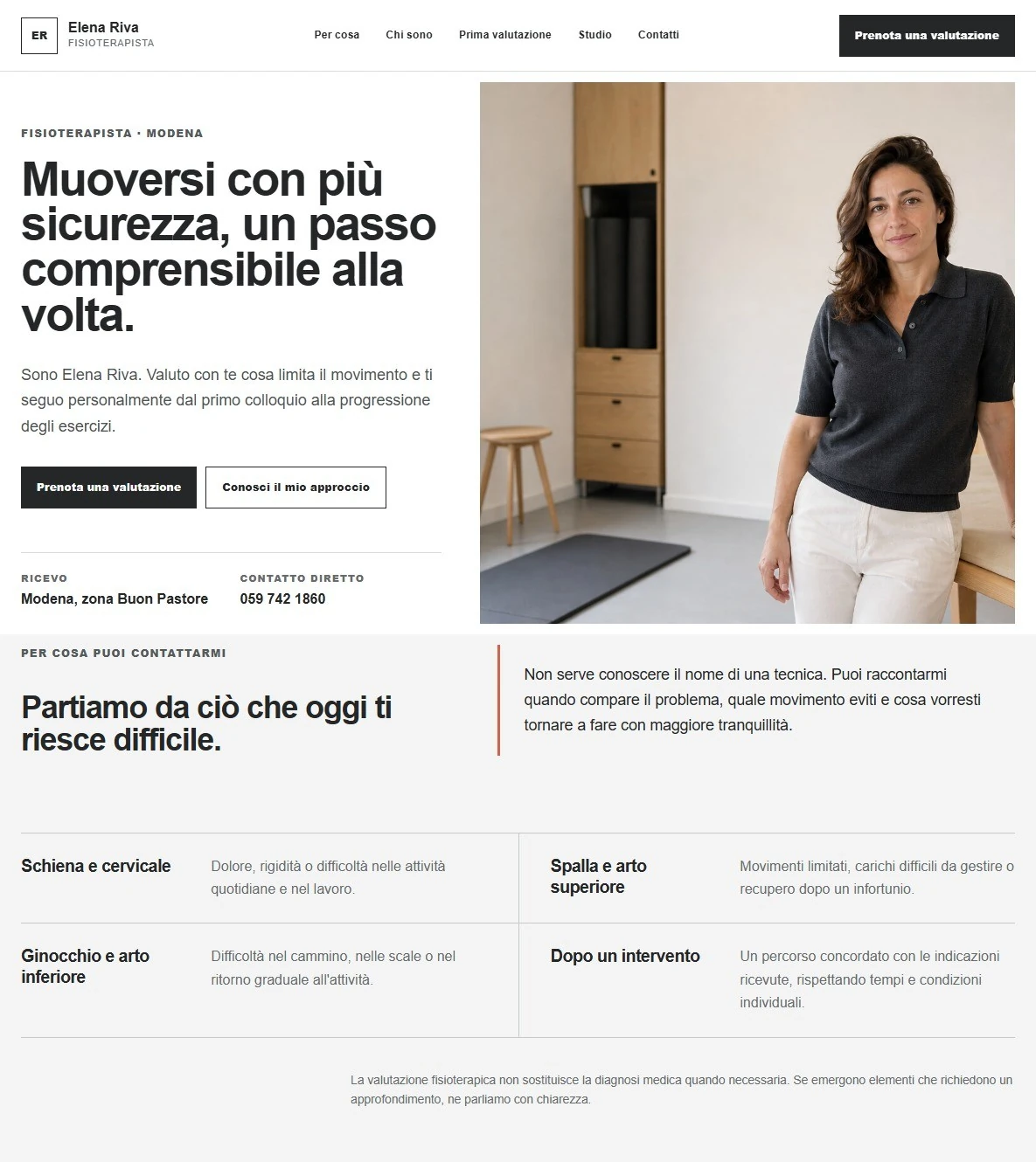 Sito Web professionale per fisioterapista Minimal: homepage e professionista
