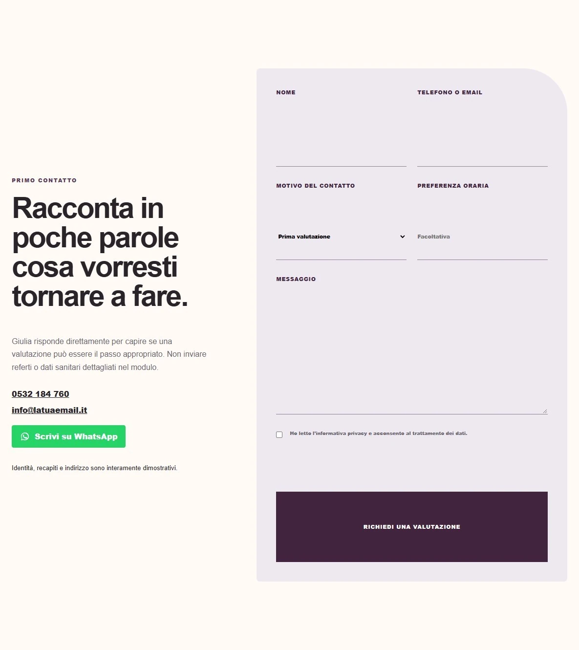 Sito Web professionale per fisioterapista Naturale: sezione contatti e modulo