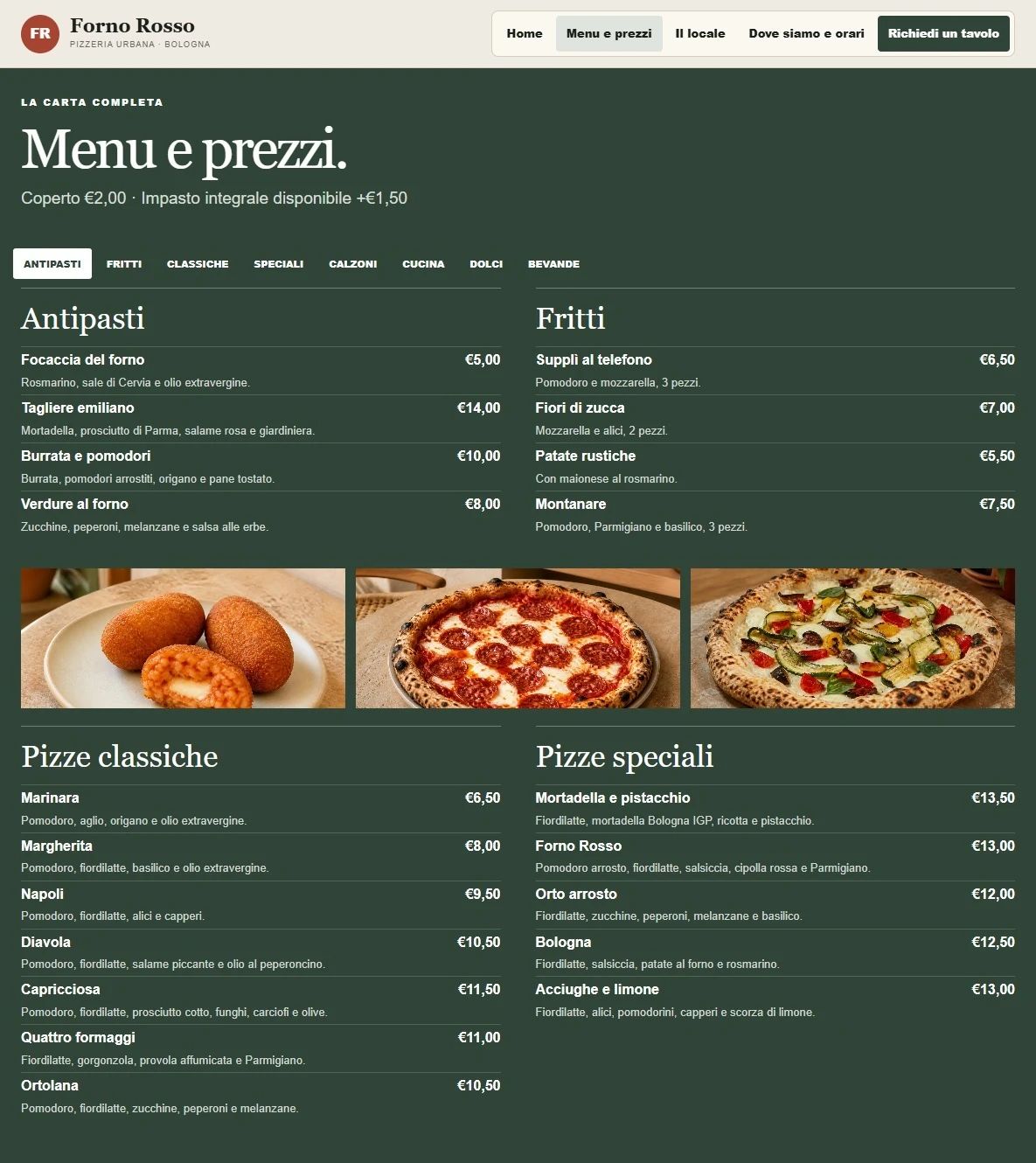 Sito Web professionale per ristoranti Forno Rosso: menu e prezzi