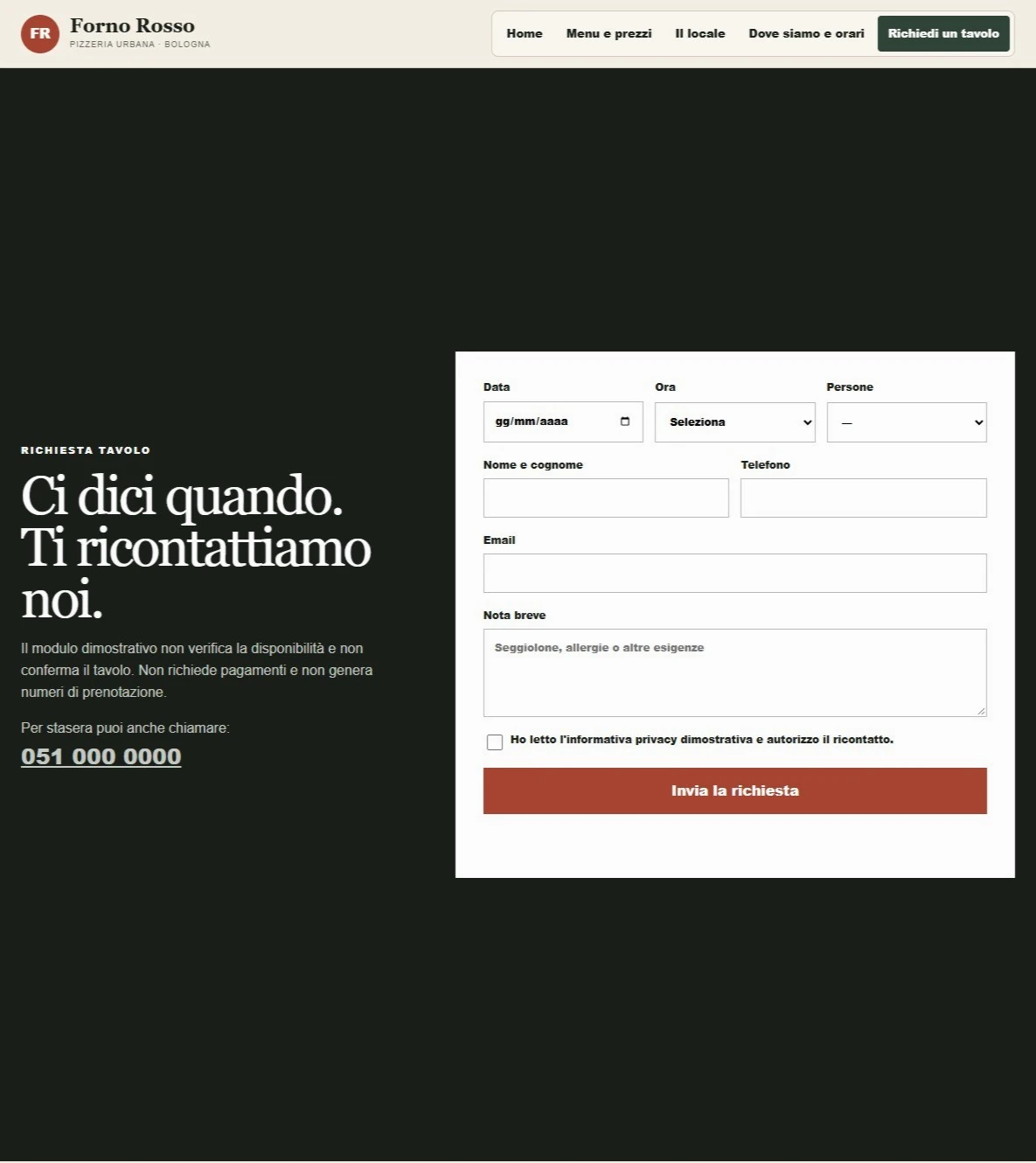 Sito Web professionale per ristoranti Forno Rosso: modulo di richiesta di un tavolo