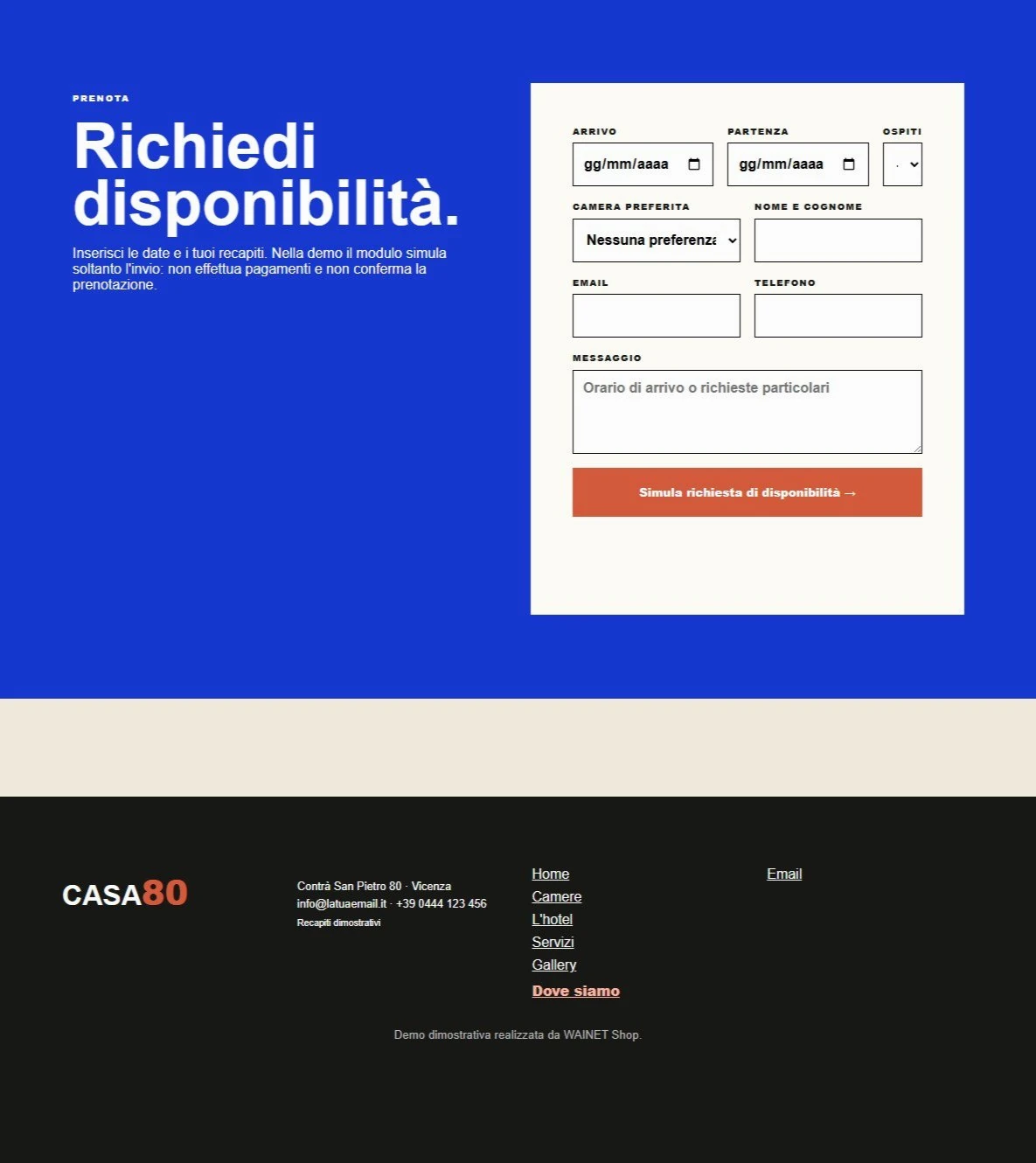 Sito Web professionale Casa 80: modulo di richiesta disponibilità