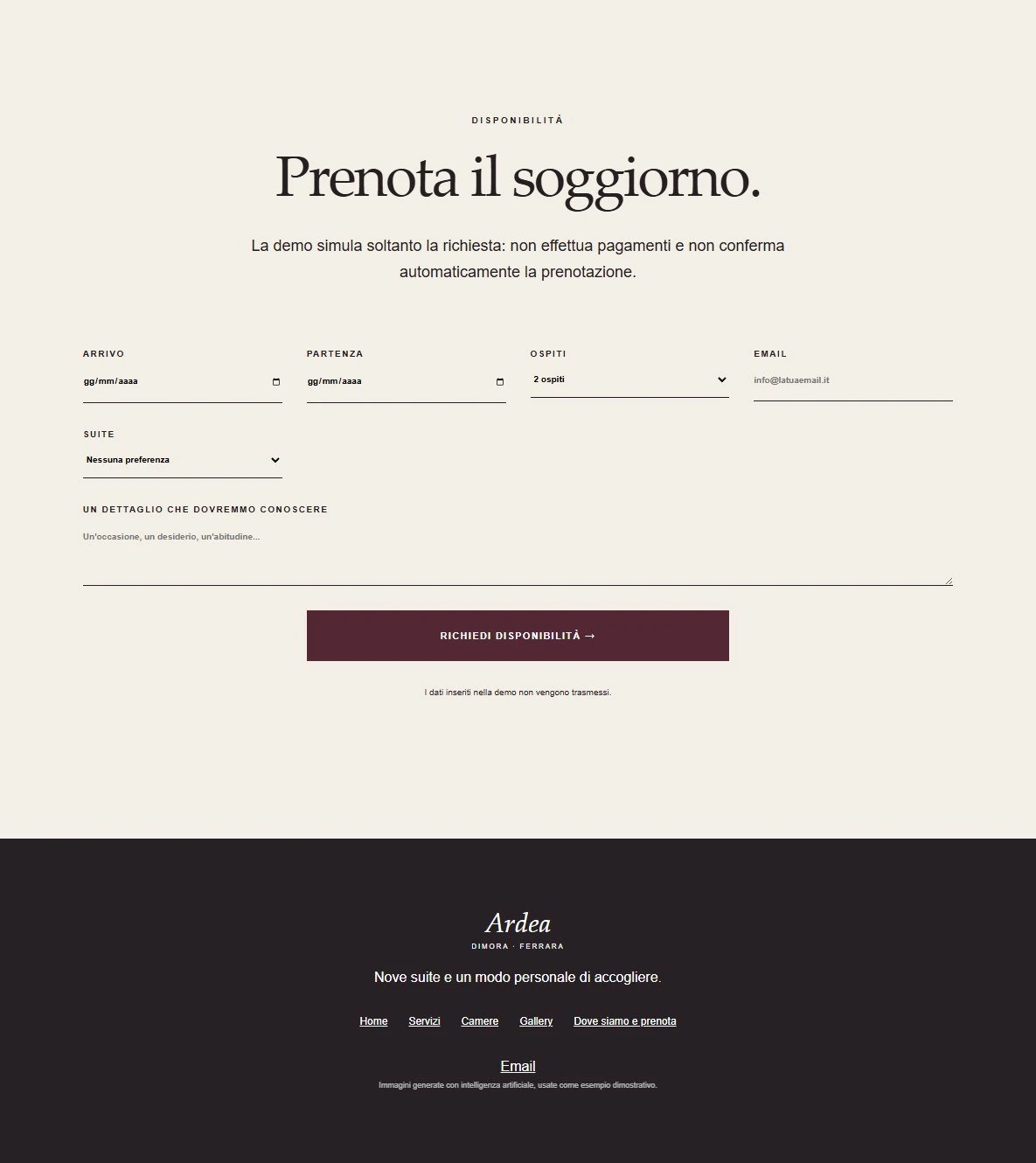 Sito Web professionale Dimora Ardea: modulo di richiesta disponibilità
