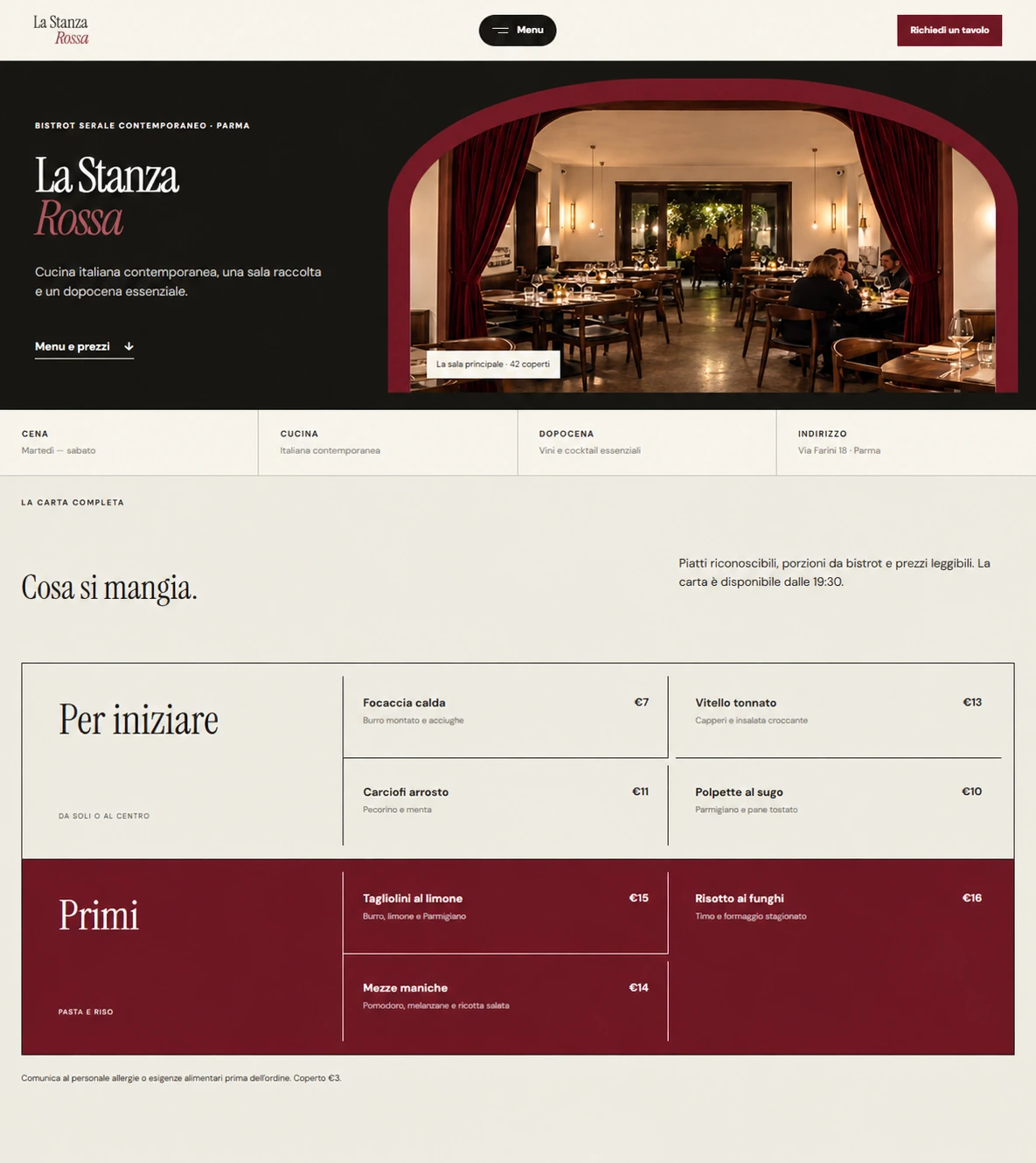 Sito Web professionale per ristoranti La Stanza Rossa: homepage e presentazione del locale
