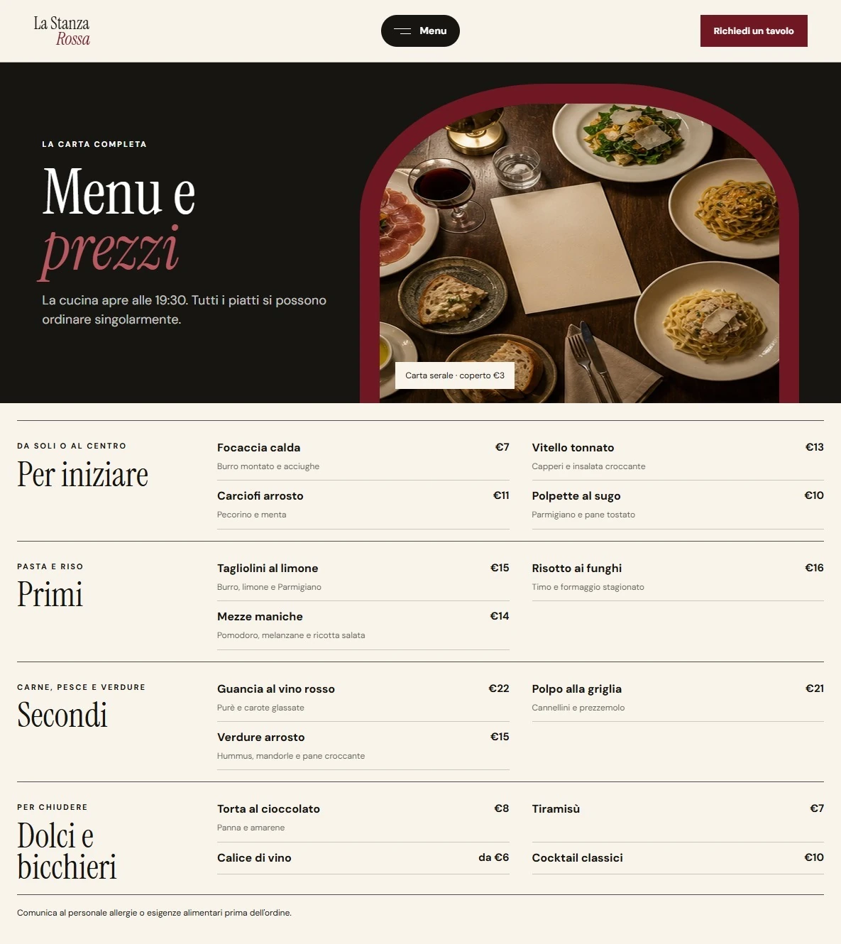 Sito Web professionale per ristoranti La Stanza Rossa: menu e prezzi
