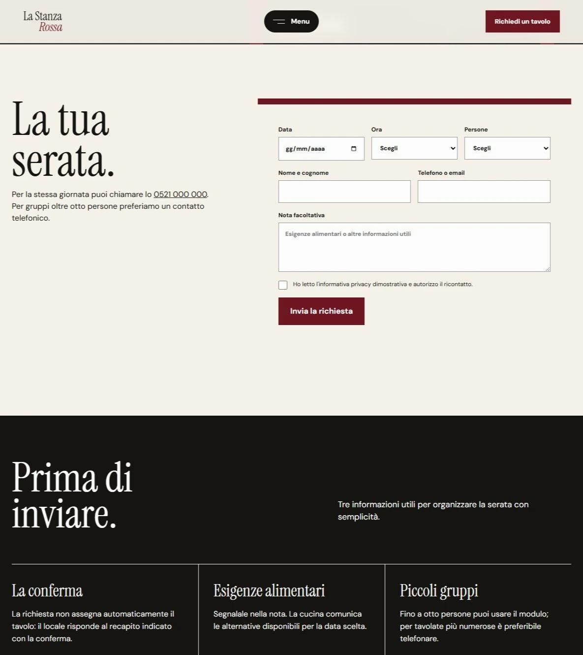 Sito Web professionale per ristoranti La Stanza Rossa: modulo di richiesta di un tavolo
