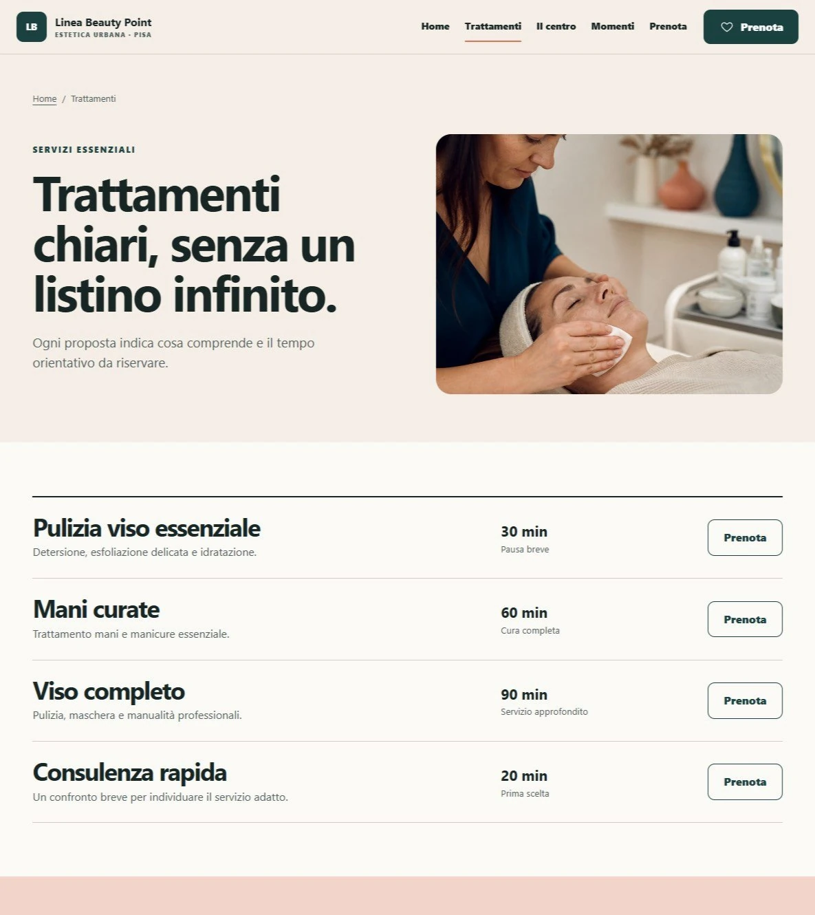 Sito Web professionale Linea Beauty Point: trattamenti e servizi