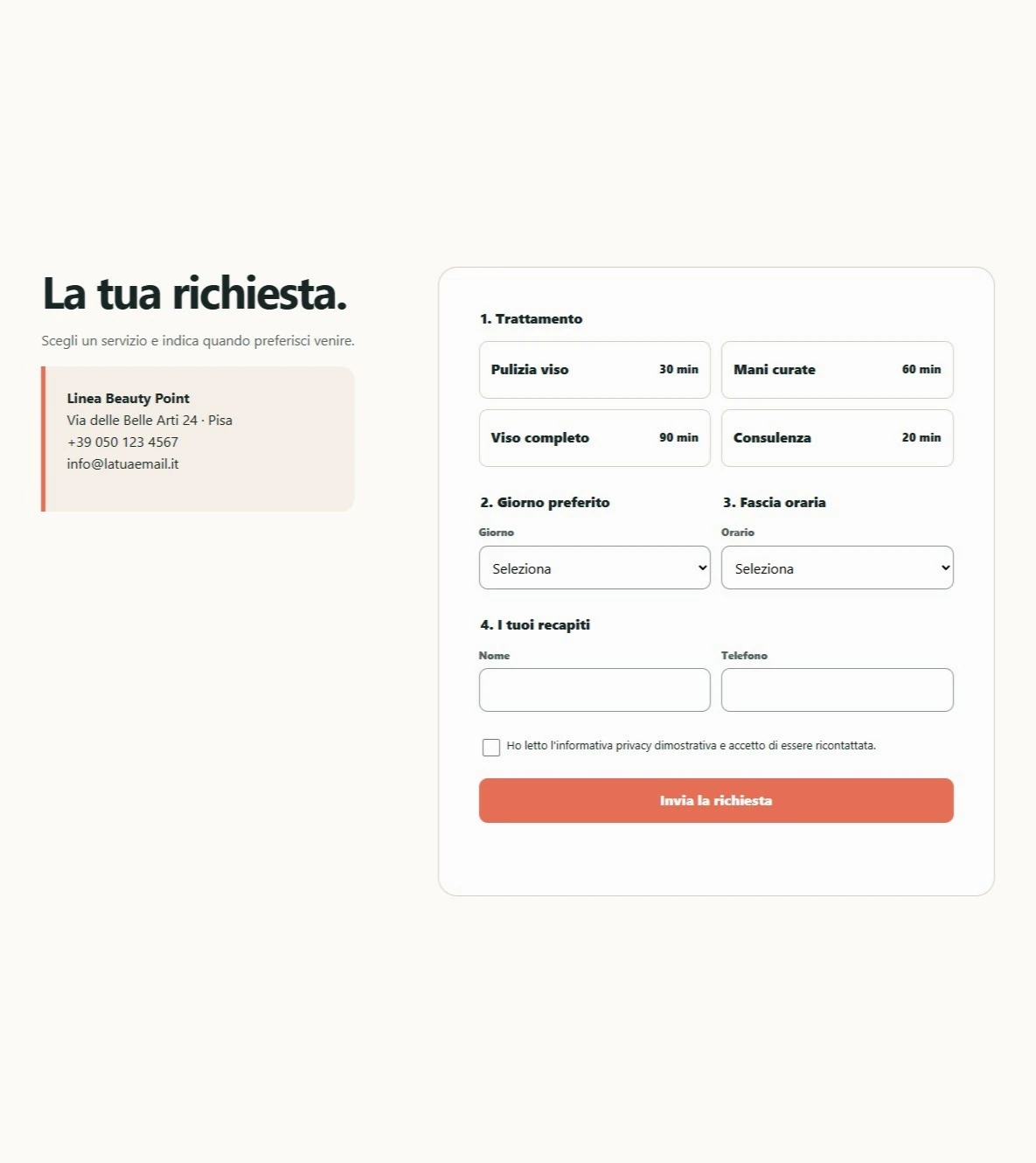 Sito Web professionale Linea Beauty Point: modulo di richiesta appuntamento