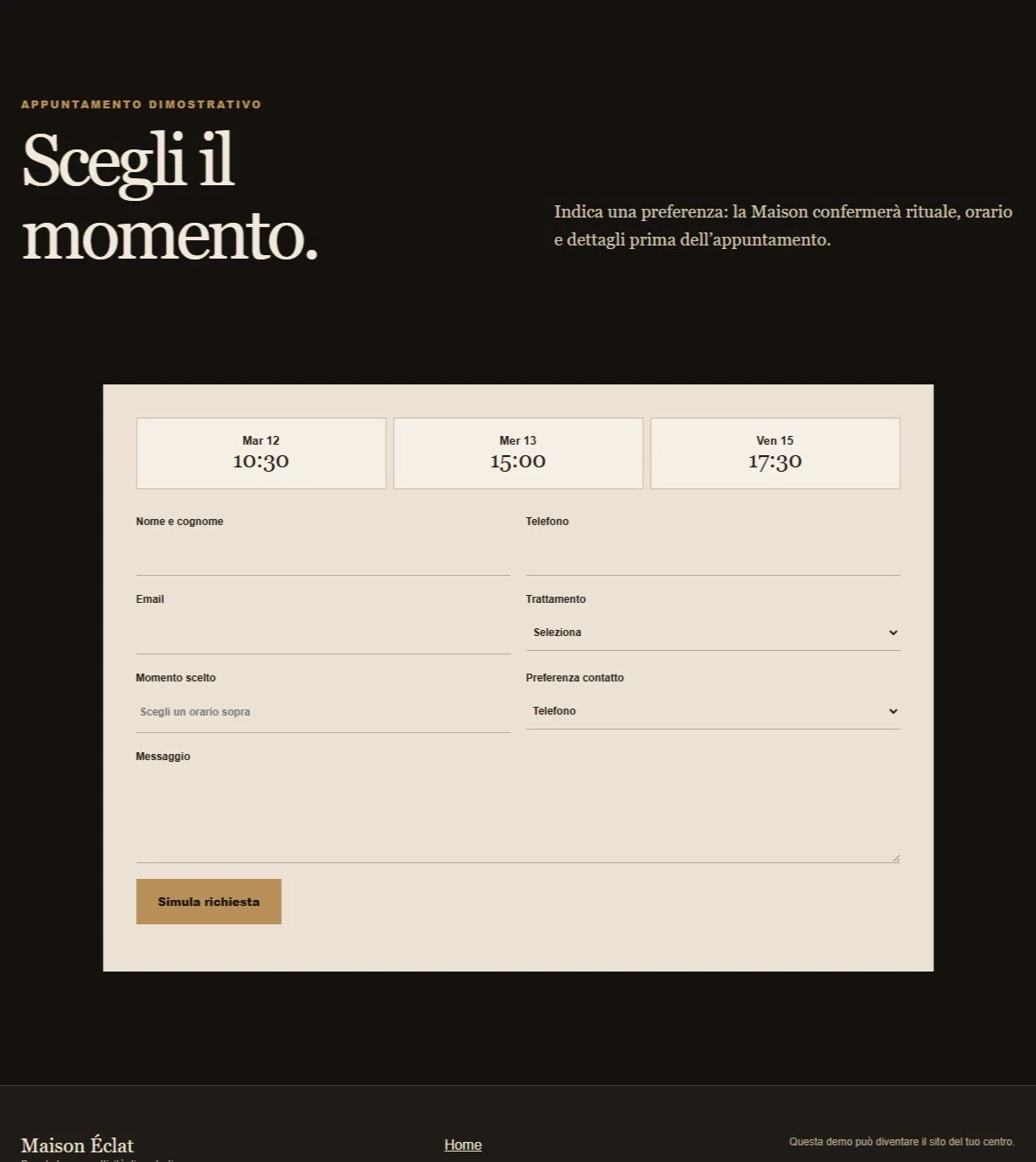 Sito Web professionale Luxury Dark: modulo di richiesta appuntamento