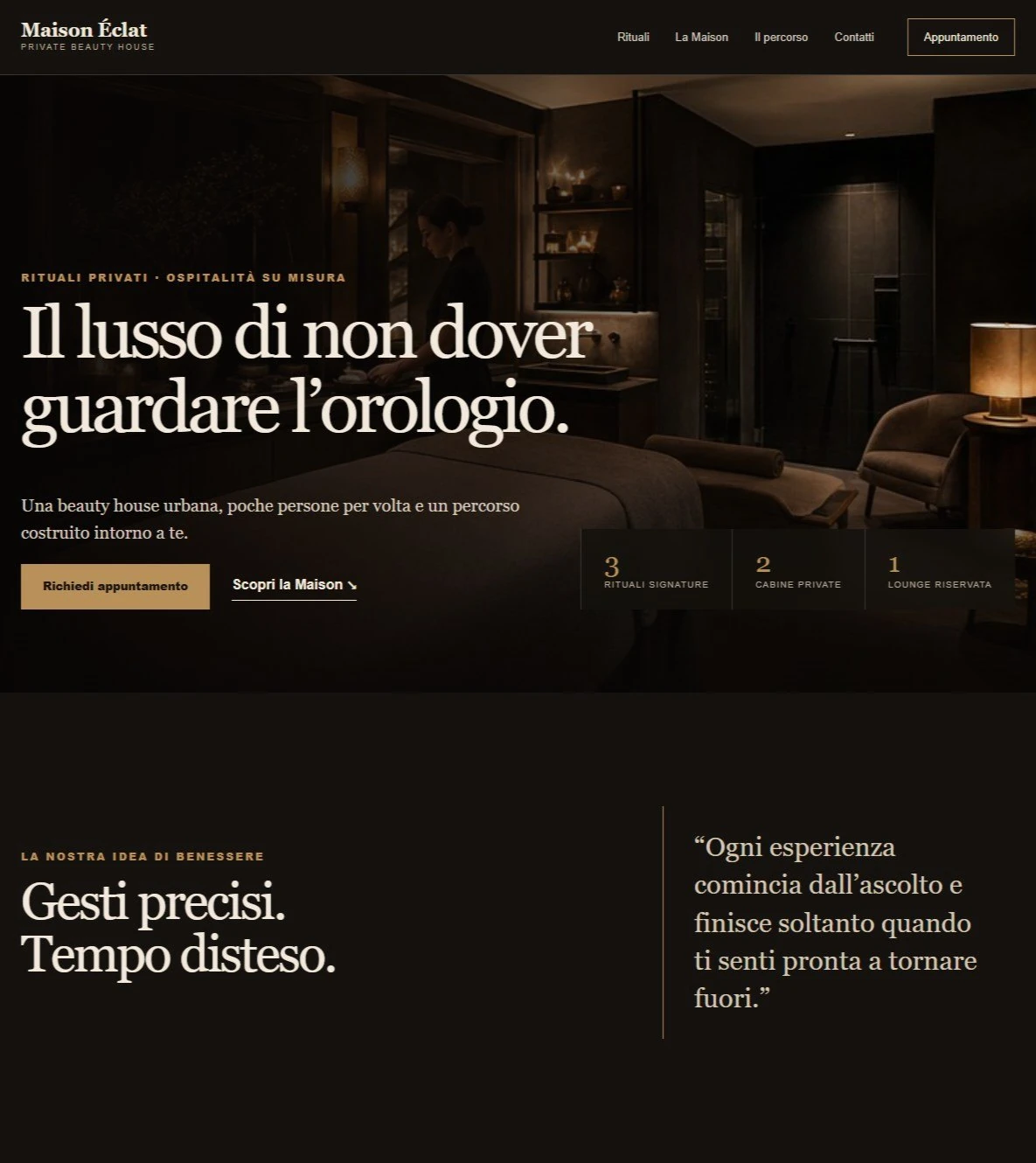 Sito Web professionale Luxury Dark: homepage e presentazione del centro