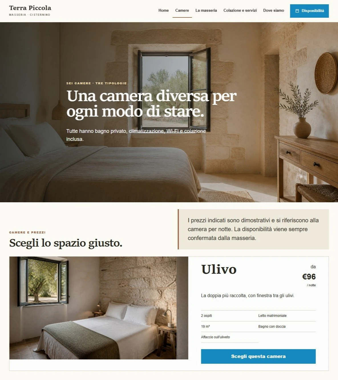 Sito Web professionale Masseria Terra Piccola: ambienti e soluzioni di soggiorno