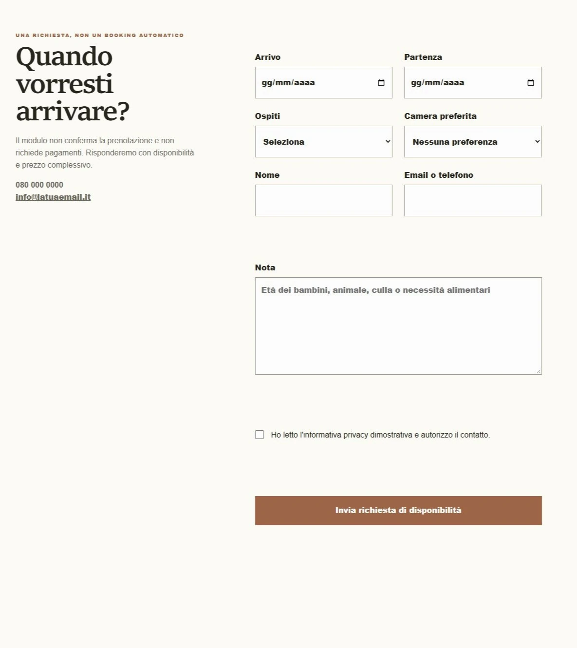 Sito Web professionale Masseria Terra Piccola: modulo di richiesta disponibilità