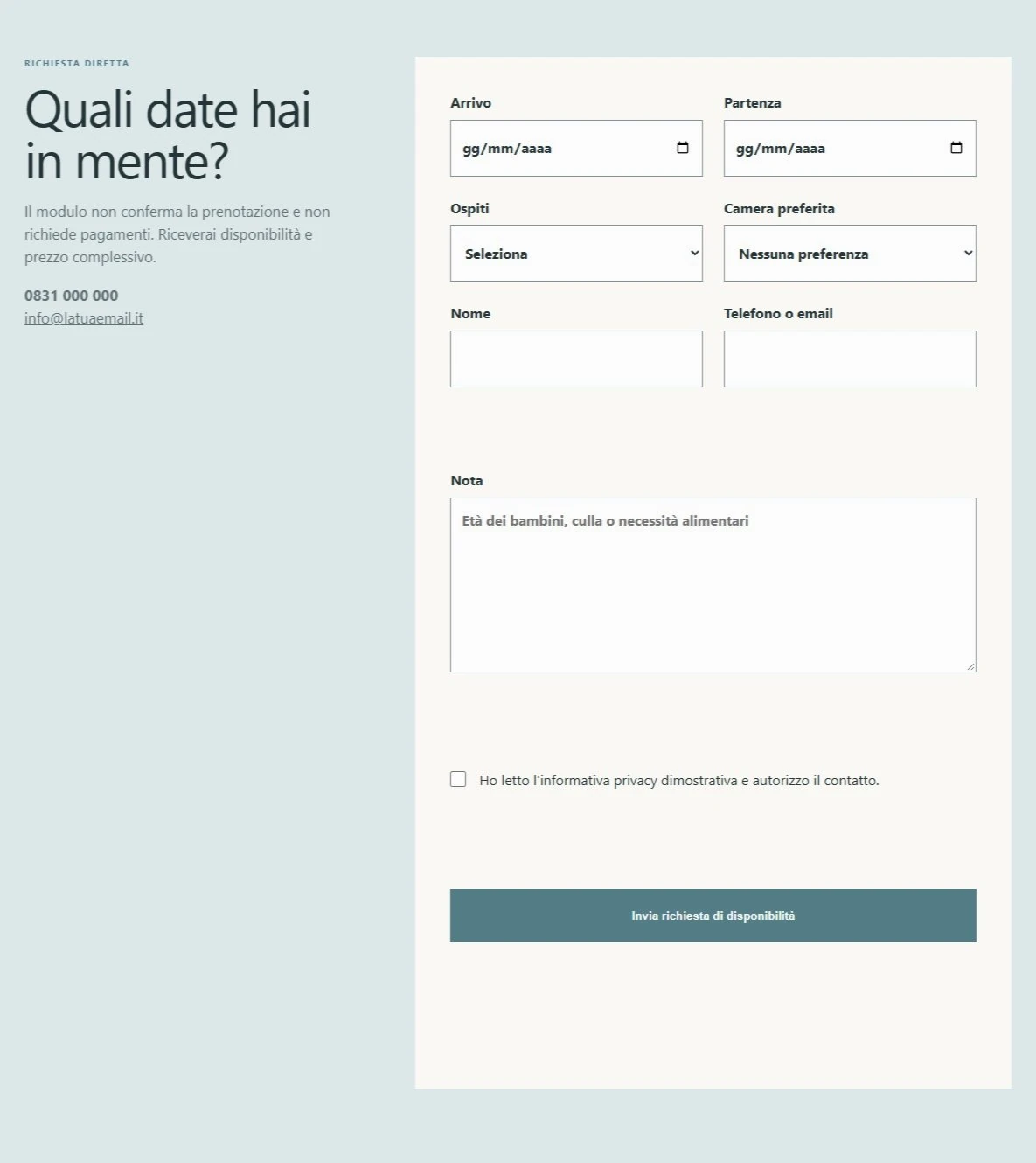 Sito Web professionale Masseria Vento Piano: modulo di richiesta disponibilità
