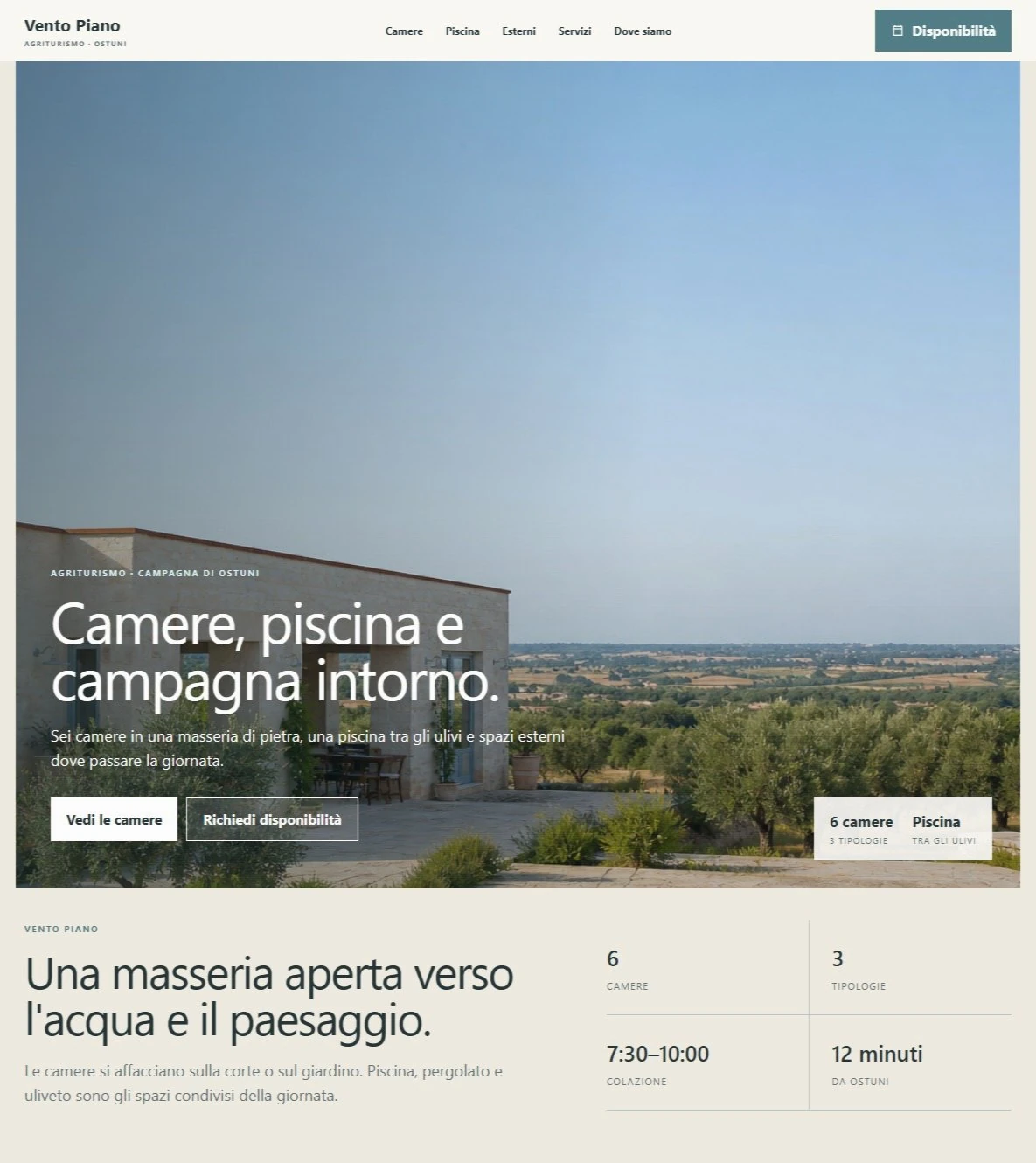 Sito Web professionale Masseria Vento Piano: homepage e presentazione della struttura