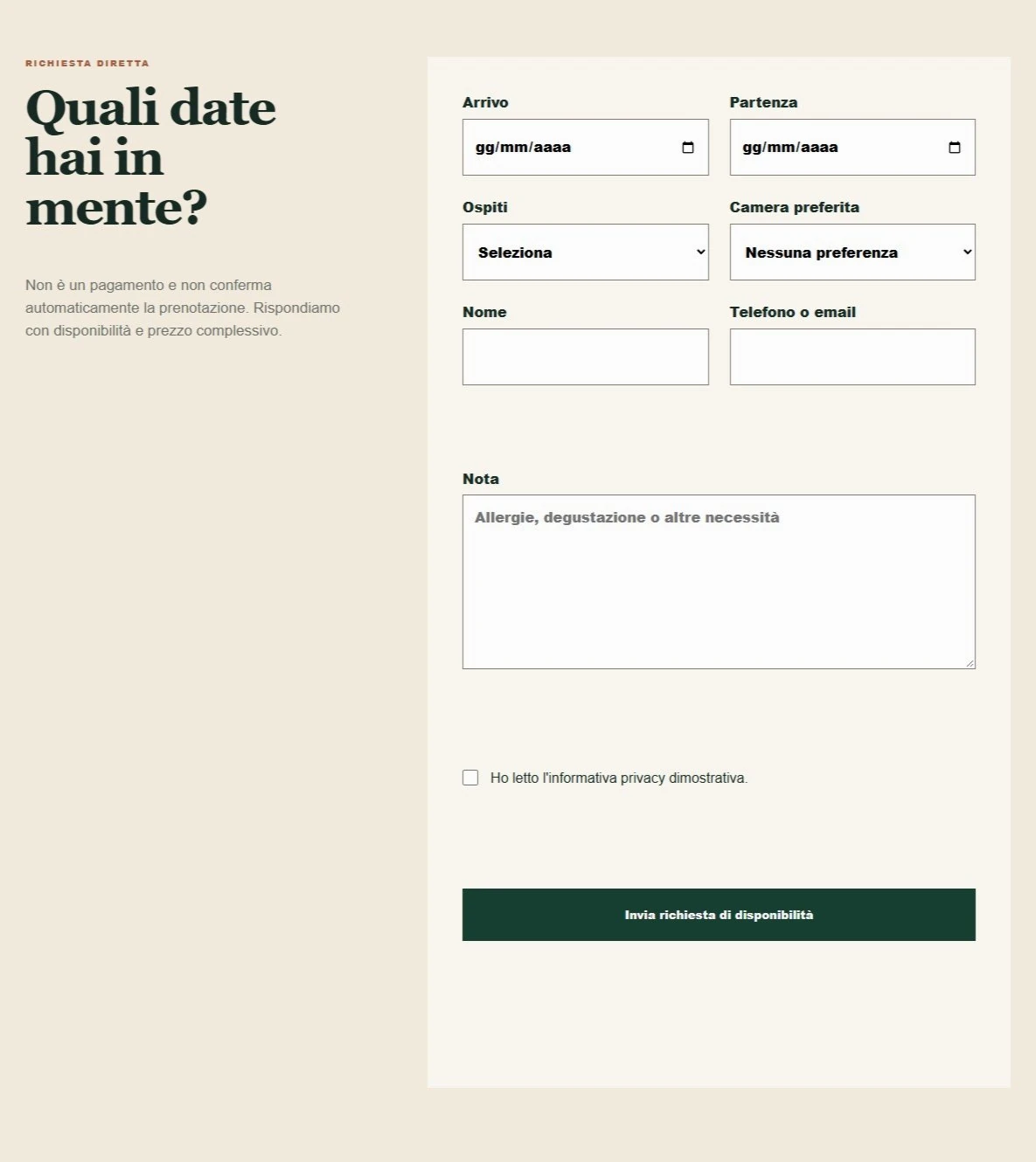 Sito Web professionale Olmo Nero: modulo di richiesta disponibilità