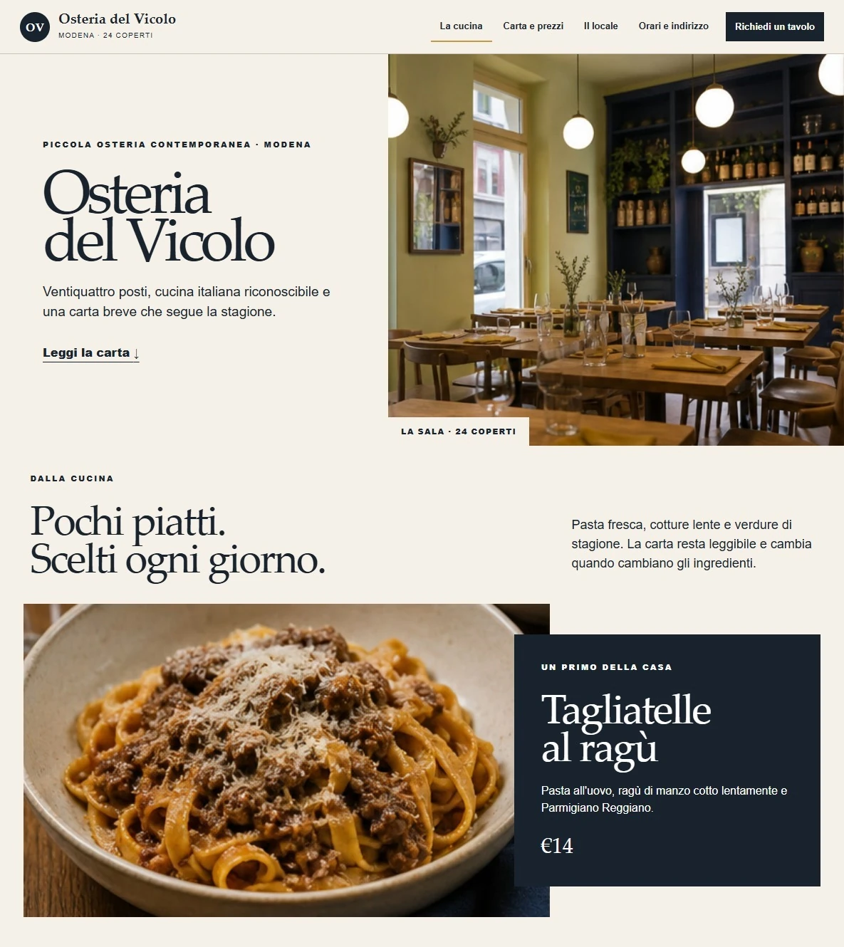 Sito Web professionale per ristoranti Osteria del Vicolo: homepage e presentazione del locale
