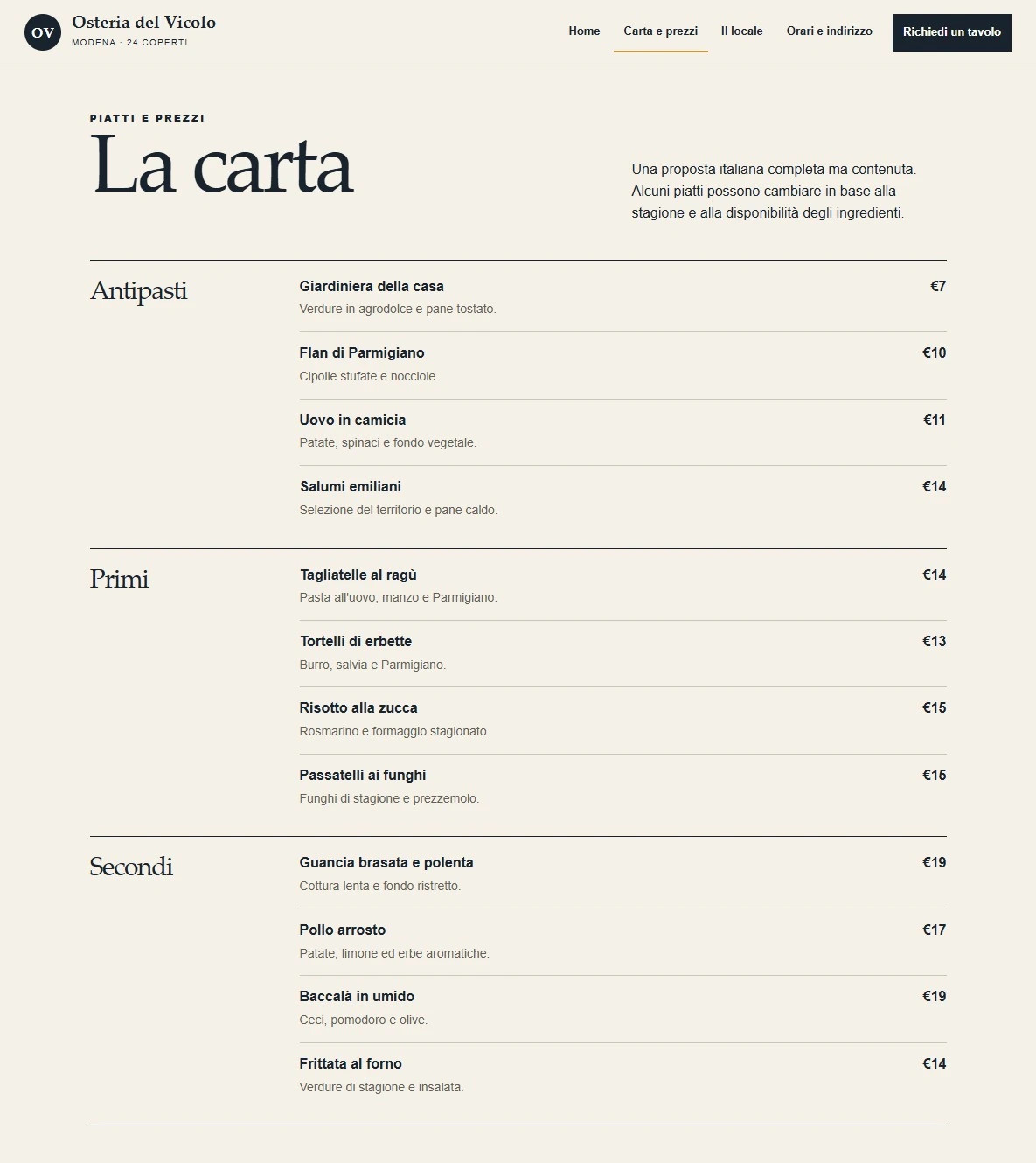 Sito Web professionale per ristoranti Osteria del Vicolo: menu e prezzi