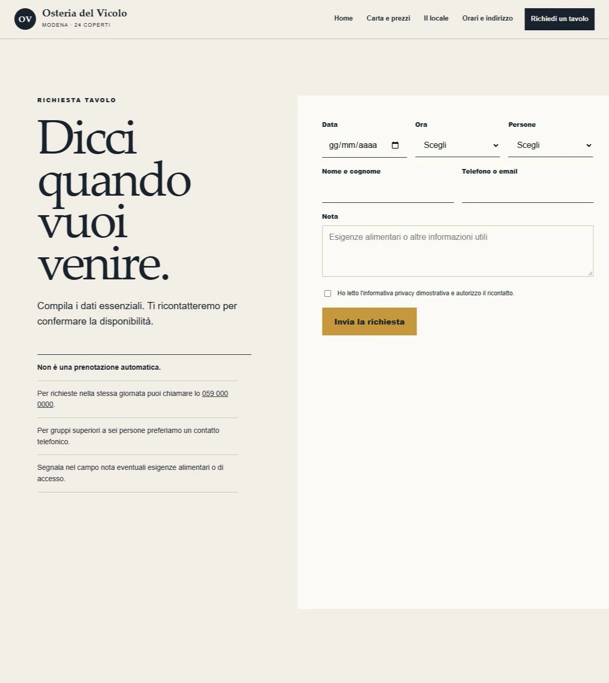 Sito Web professionale per ristoranti Osteria del Vicolo: modulo di richiesta di un tavolo