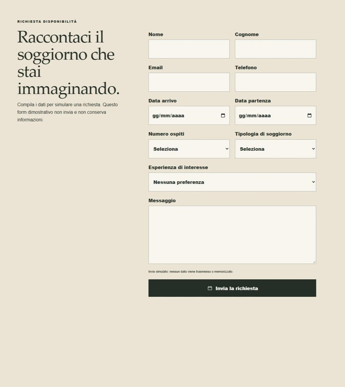Sito Web professionale Podere Selva Chiara: modulo di richiesta disponibilità