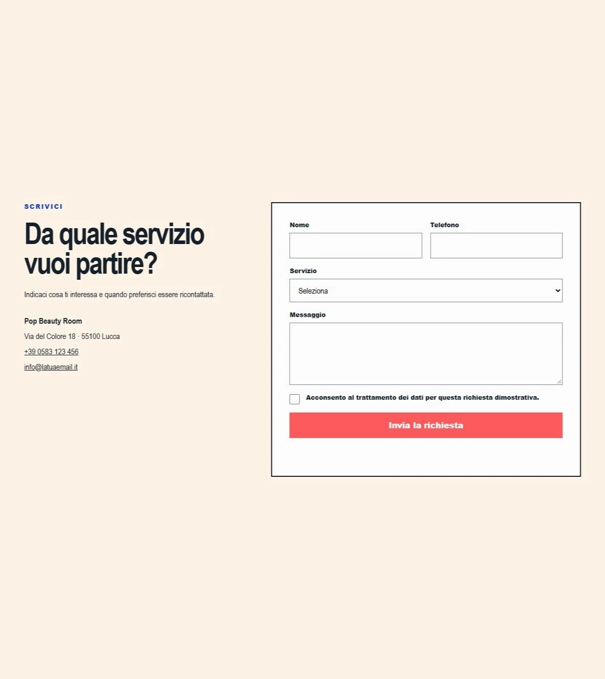 Sito Web professionale Pop Beauty Room: modulo di richiesta appuntamento