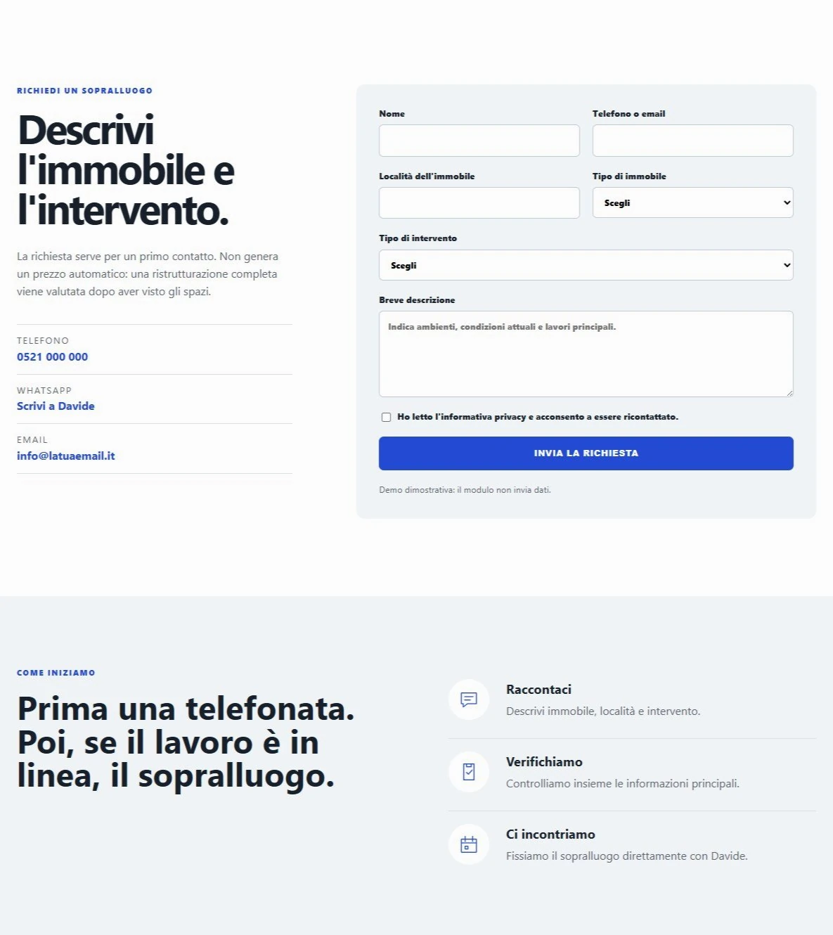 Sito Web professionale Rinaldi Cantiere: modulo di richiesta di contatto