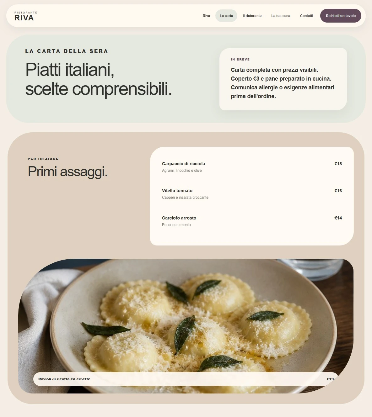 Sito Web professionale per ristoranti Riva: menu e prezzi
