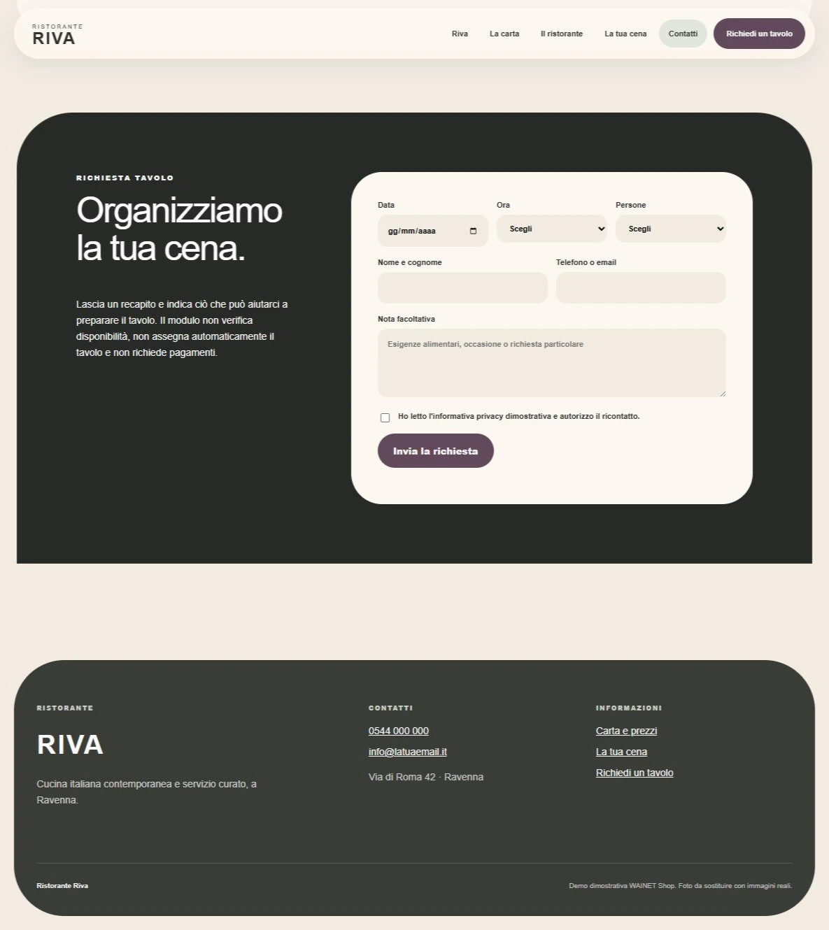 Sito Web professionale per ristoranti Riva: modulo di richiesta di un tavolo