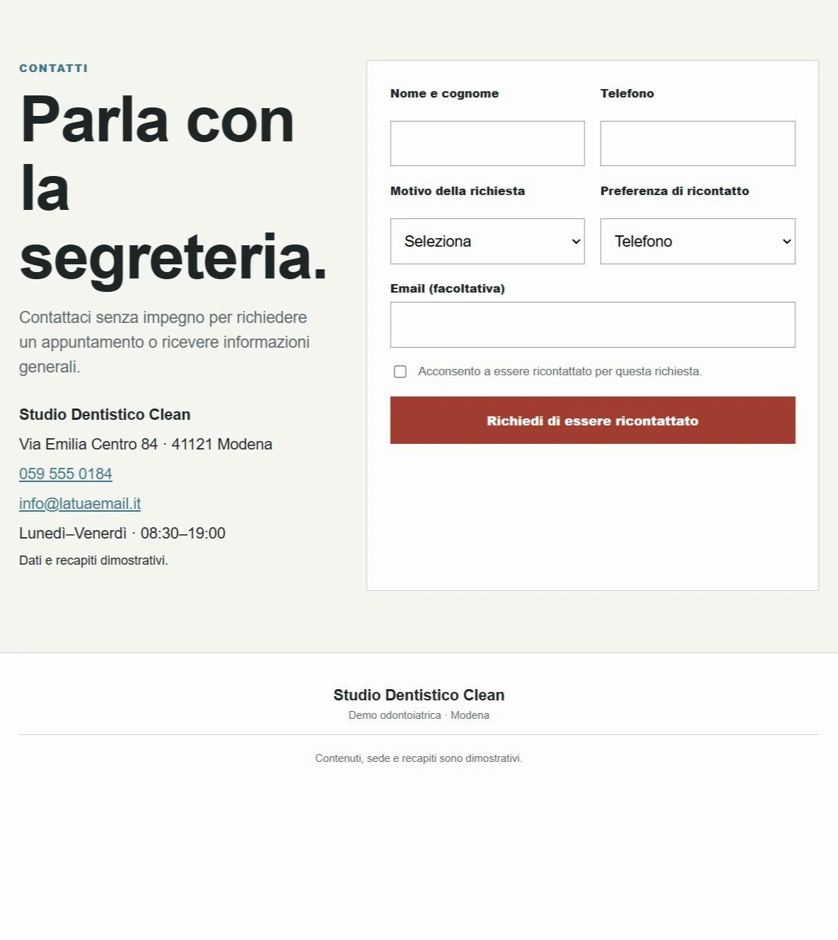 Sito Web professionale Studio Dentistico Clean: modulo di richiesta ricontatto